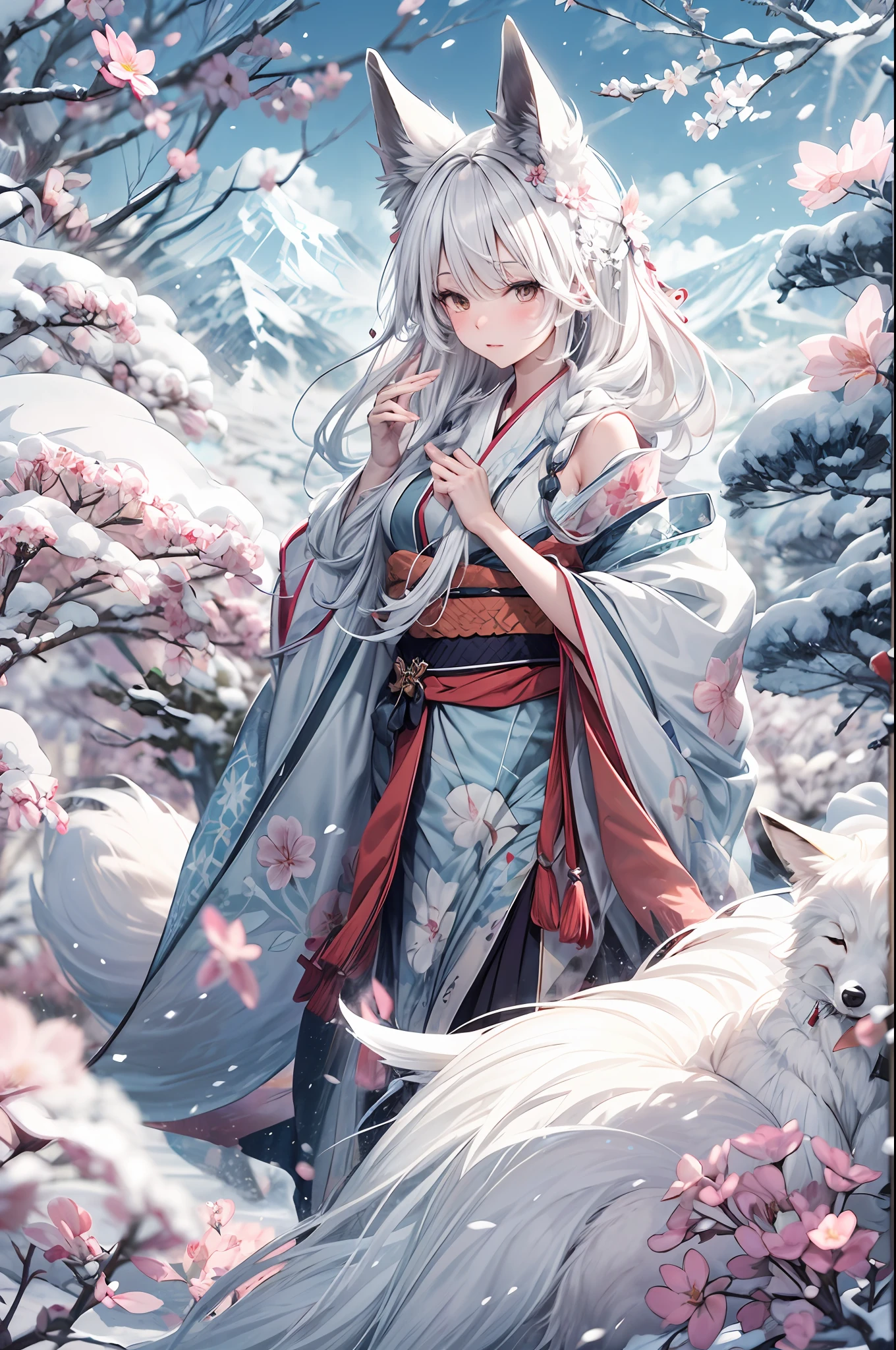 In this captivating digital artwork, behold the enchanting sight of a fox spirit transformed into a stunning snow fox woman BREAK With nine fluffy white fox tails gracefully cascading down her back and fox ears adorning her head, she exudes an otherworldly allure. Clad in a meticulously detailed yukata, every fold and pattern accentuates her ethereal beauty.
BREAK 
In the heart of a freezing Sakura forest, this snow fox woman stands with an air of mystique. As she raises her delicate hands, she conjures a powerful ice spell, channeling her innate sorcery BREAK Countless small ice shards and delicate snowflakes dance and swirl around her, creating a mesmerizing display of frozen elegance.
BREAK 
The backdrop of the Sakura forest, typically known for its vibrant blooms, is transformed into a winter wonderland. The sakura trees, now adorned with a delicate layer of frost, create a stunning contrast against the snow-covered ground. The chilling air intensifies the ethereal atmosphere, adding an extra layer of enchantment to the scene.