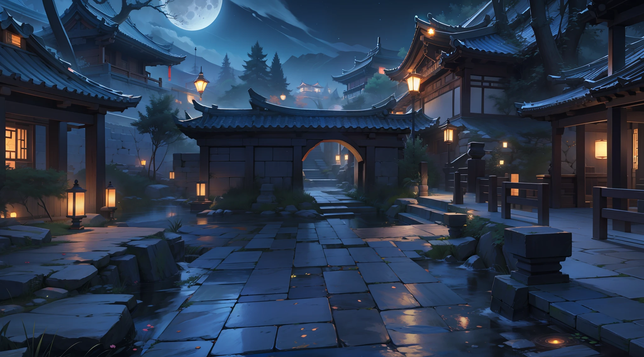 Manhwa Style，Two-dimensional painting style，natta，Dwarf trees，Bright moonlight，Warm yellow light，Ancient Chinese background，the night，themoon， Bluestone path，light particules，glowworm，the night：1.5，themoon，As estrelas，tmasterpiece， super detailing， Epic composition， hyper HD， high qulity， extremely detaile， offcial art， 统一 8k 壁纸， super detailing