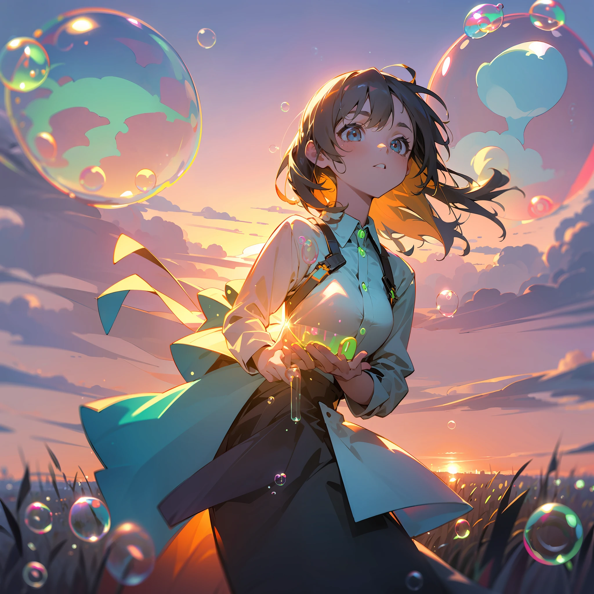 girl standing in field, (((neon soap bubbles))), detailed face, mid shot, portrait, clouds, sunrise