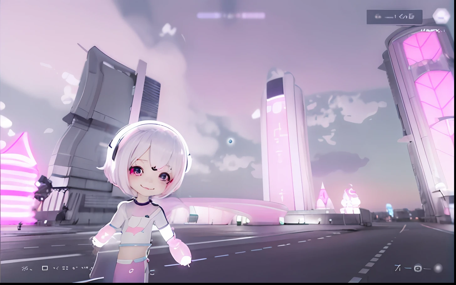 kawaiitech,pastel color, kawaii, cute colors ,scifi, pink, scholar , scroll, 1girl ,long hair, pale skin,white hair, glowing eyes, smile, cat ears,,