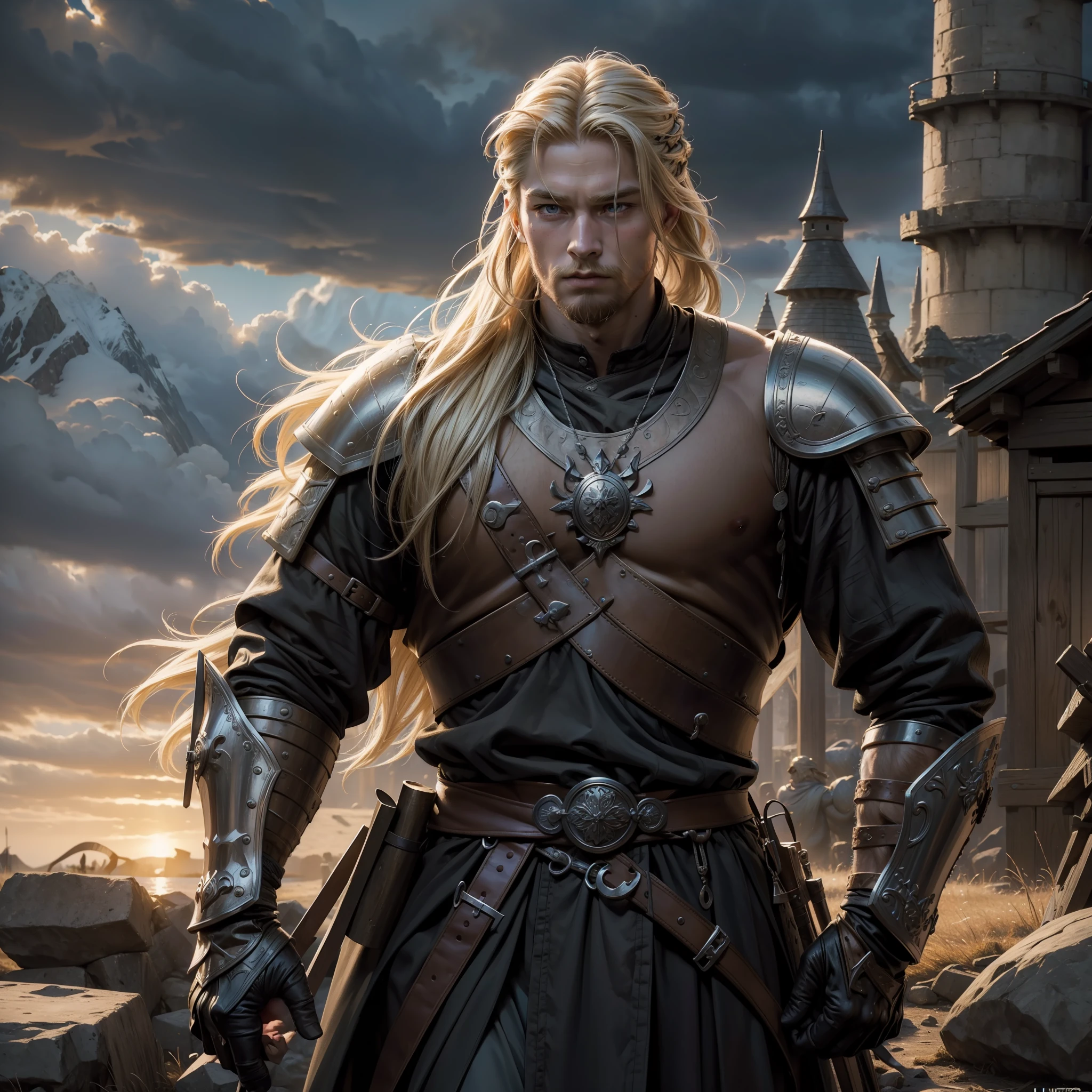 (ultra detailed, artwork, masterpiece, high quality), a Viking man, long and blonde hair ((sidecut)), male, ((masculine)), (athletic body) in the background a medieval war camp, ((hyperrealistic cinematic light:1.3))