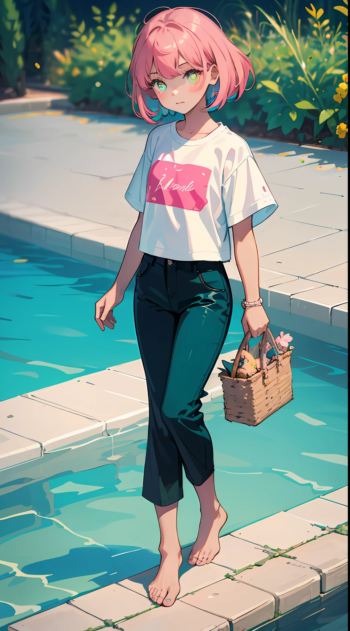 8K，best qulity，The Masterpiece，1 cute  girl ，10 yeak pupils，pink tinted hair，Natural volumes，shorter hair，T-shirt and pants, Lovely lace edges，Children's figure，Thin ankles，Barefoot，Turquoise pool background，Cute swimming ring，Welcoming summer atmosphere，relaxed，colourful，Normal hands，Delicate fingers