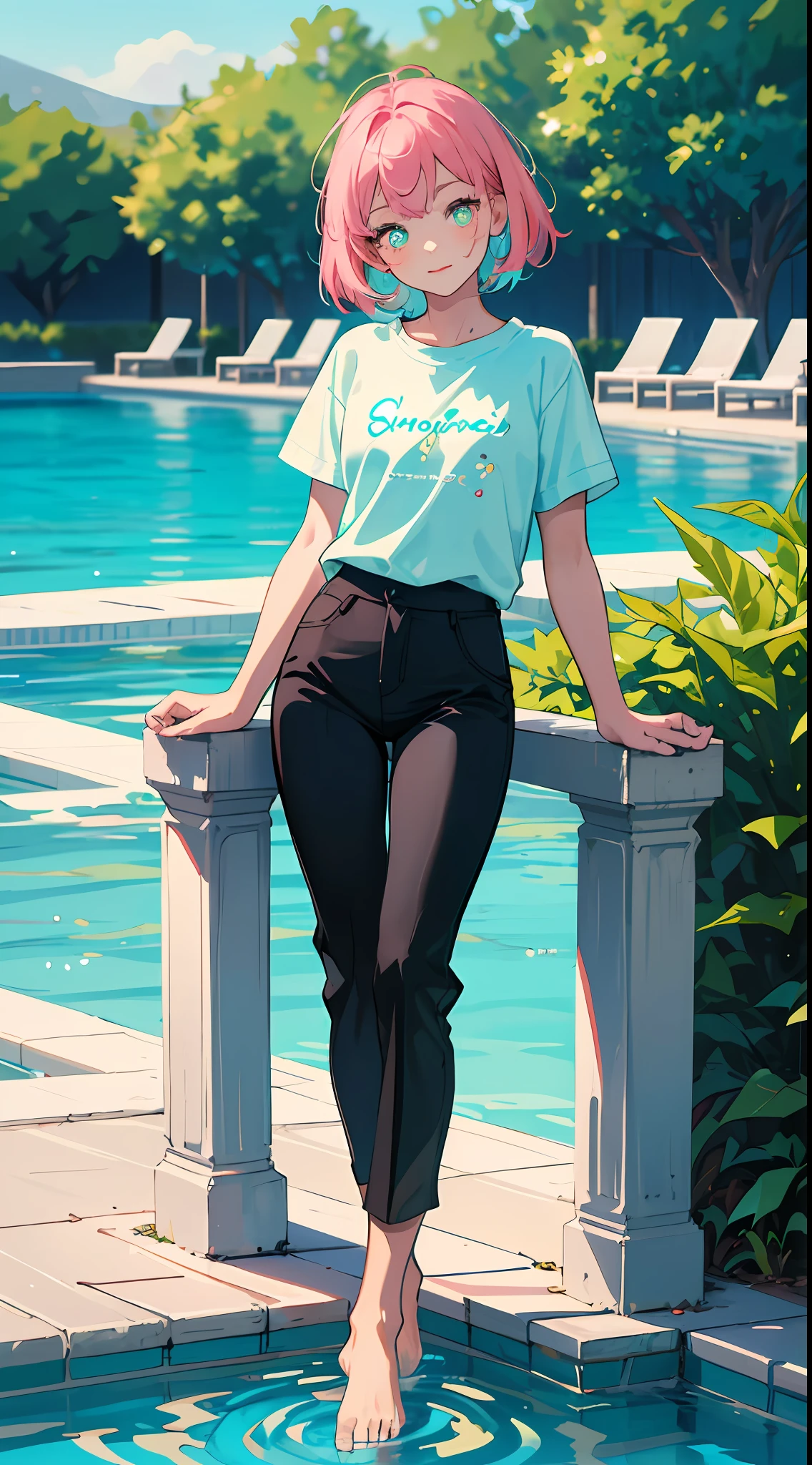 8K,best qulity,The Masterpiece,1 cute girl ,10 yeak pupils,pink tinted hair,Natural volumes,shorter hair,T-shirt and pants, Lovely lace edges,Children's figure,Thin ankles,Barefoot,Turquoise pool background,Cute swimming ring,Welcoming summer atmosphere,relaxed,colourful,Normal hands,Delicate fingers