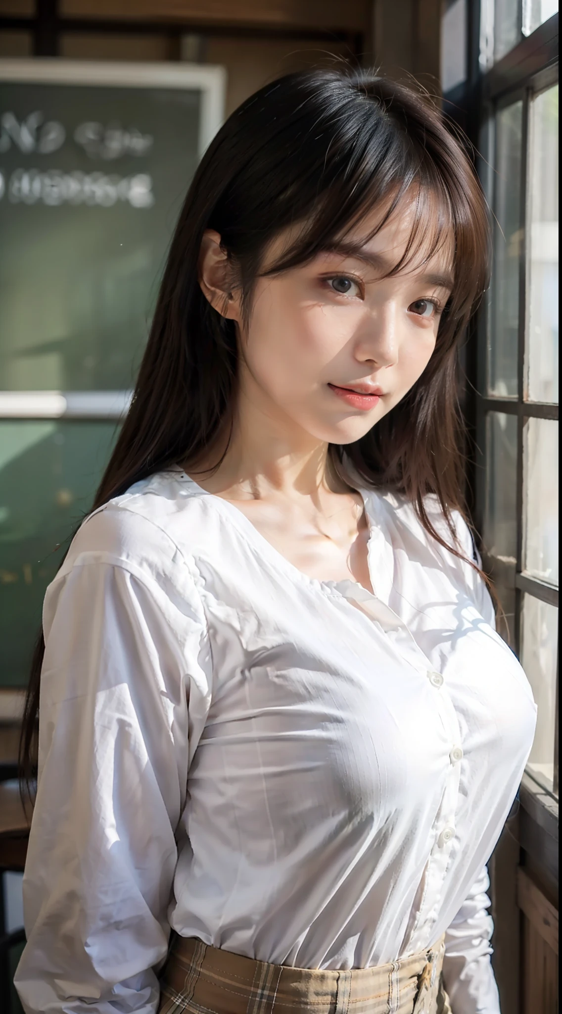 A beautiful Asian girl, slightly smile, medium straight hair, white skin, smooth skin, medium breasts size, wearing long sleeves shirt with buttons, standing at the window classroom, upper body portrait, cinematic lightning