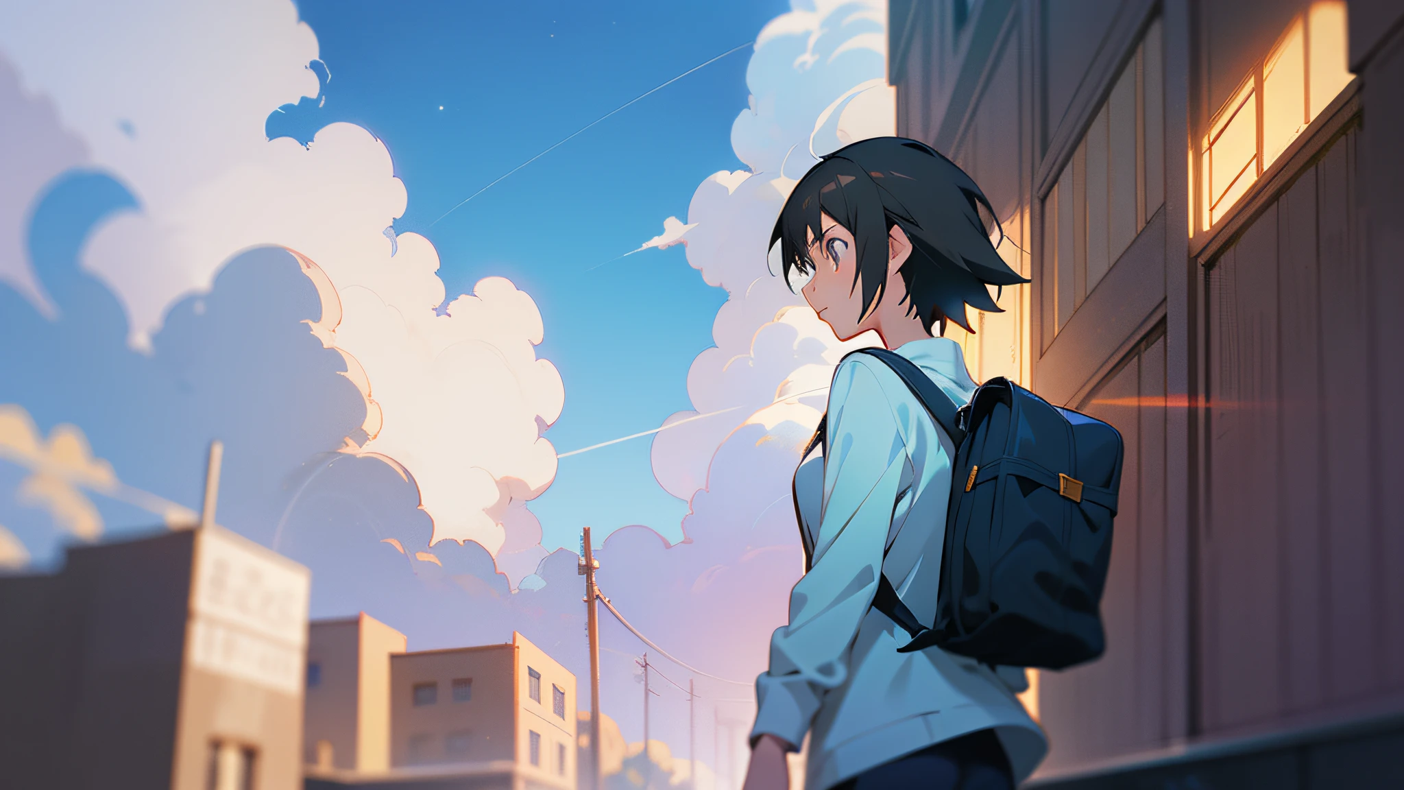 Anime girl walking down the street with backpack, in Makoto Shinkai style, anime cloud, Shinkai Makoto style, Makoto Shinkai Makoto Cyril Rolandor style, cosmic sky. by Makoto Shinkai, Makoto Shinkai Style, Makoto Shinkai. Digital rendering, Makoto Shinkai. Octane rendering, masterpieces, masterpieces, illustrations