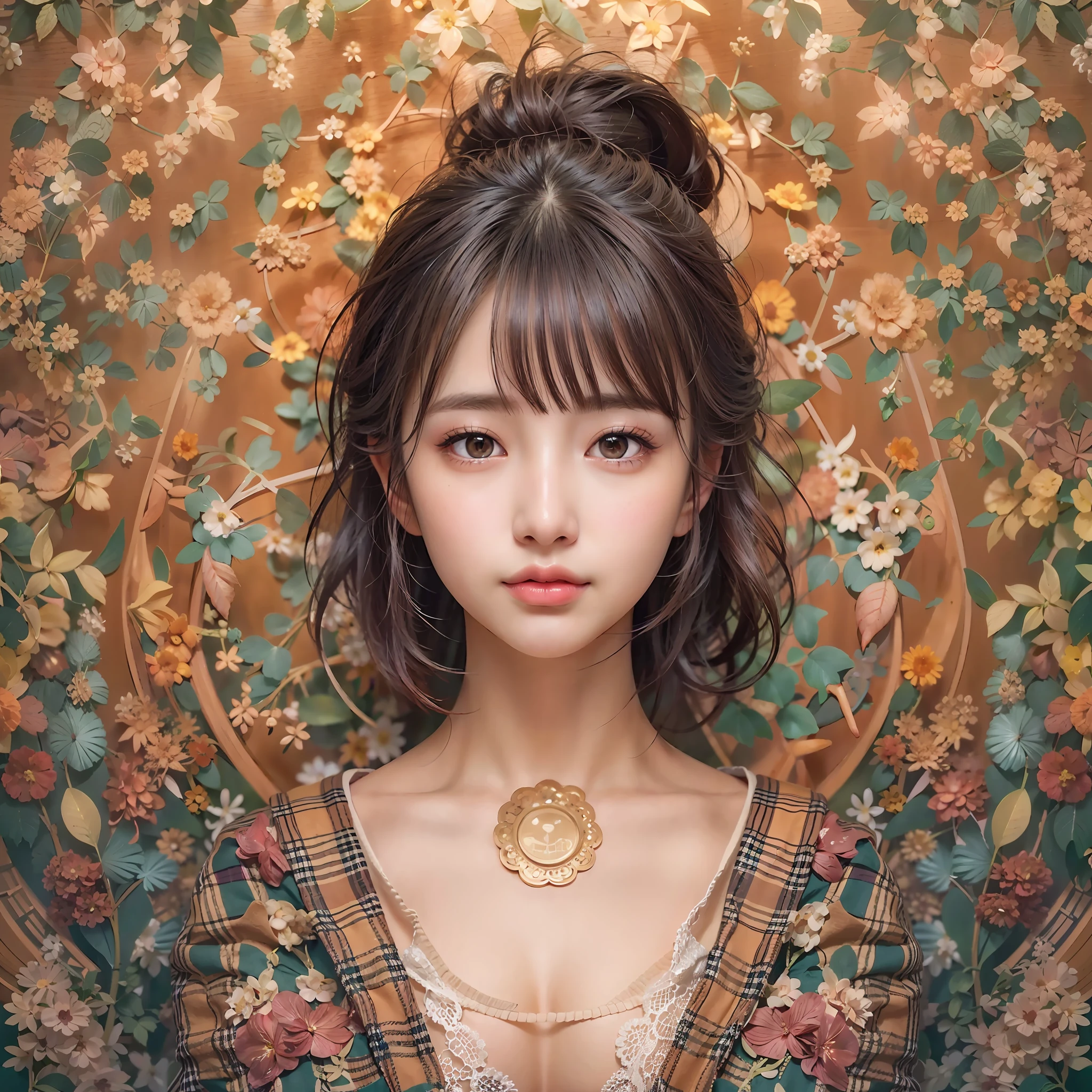 symmetrical, Compositions with coloful geometric arabesque patterns, (Bun hair, dark brown hair), (top-quality, Photorealsitic:1.4, masterpiece:1.3, RAW Photography:1.2, cinematric light, very detailed illustration), (1woman:1.3, solo), (asian girl, ultra delicate face, ultra Beautiful fece, ultra delicate eyes, ultra detailed nouse, ultra detailed mouth, ultra detailed facial features), ite woman, (School uniform:1.3), (midium breast:1.3), from the front side, skiny, lipgloss, a smile