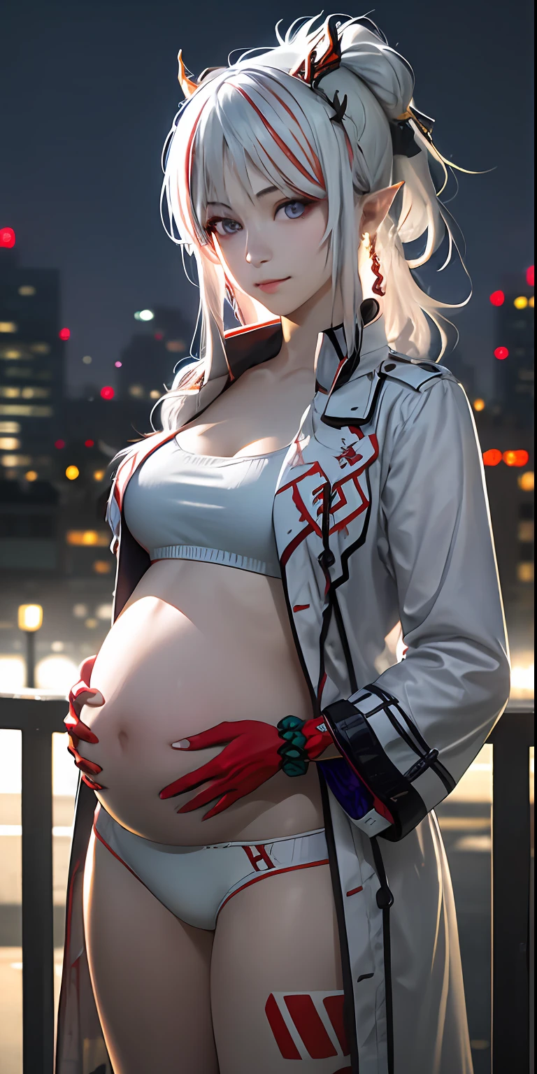 ((Realistic lighting, best qualtiy, 8K, tmasterpiece:1.3)), sharp fokus:1.2, 1girll, Beautiful Women with Perfect Figure:1.4, Slim abs:1.1, ((nakeness)), (Pregnant women with:1.4),(exteriors,during night:1.1),the city street,Ultra-fine face,Fine eyes,二重まぶた,