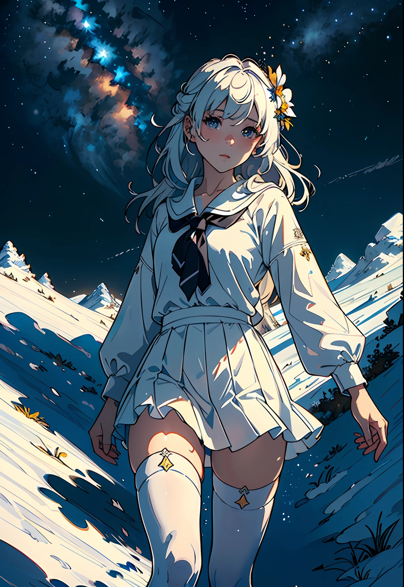 (masterpiece), (best quality), (official art, extremely detailed CG unity 8k wallpaper), (highly detailed), ((absurdres)), 1girl, mid shot, (exquisite facial features),(serafuku:1.3) ((sfw)),((clear hands)), ((white thighhighs without shoes)),flower-shaped pupils, color contact lenses, stars in the eyes, (((masterpiece))), ((the best quality, super fine illustrations, beautiful and delicate water)), ((very delicate light)), ((nature, painting)), ((fine lighting, more transparent stars, high-quality snowflakes, high-quality mountains, very fine 8KCG wallpapers)), (plateau), (((snow mountain))), sunrise, randomly distributed clouds, (snow field), cliff, ((rotating star sky)), ((lake in mountain stream)), luminous particles
,hiqcgbody,atdan,shinkai makoto,masterpiece, best quality,