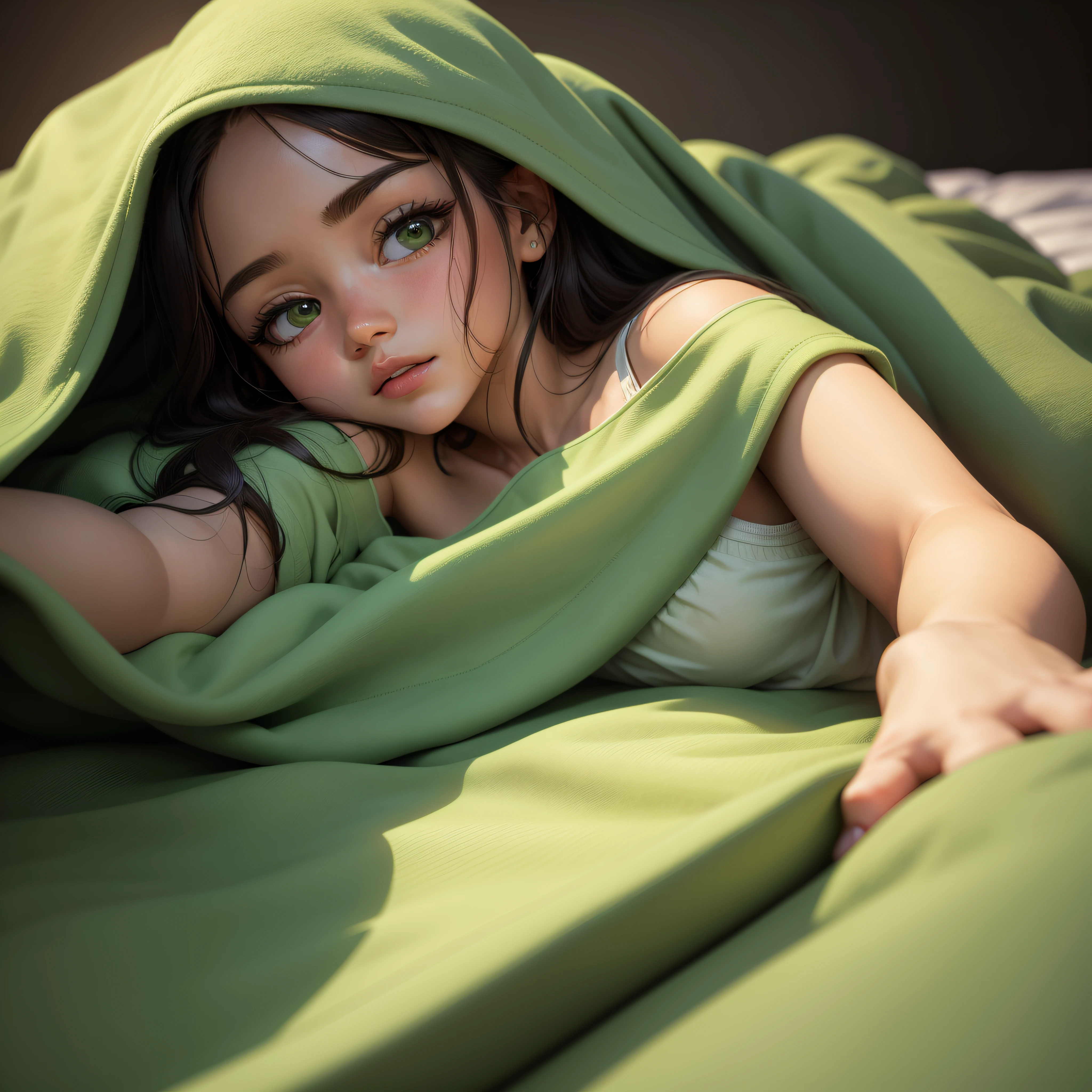 There's a cute girl lying on a bed with a green blanket, The illustration is a high-definition illustration in 4K resolution with highly detailed facial features and cartoon-style visuals.