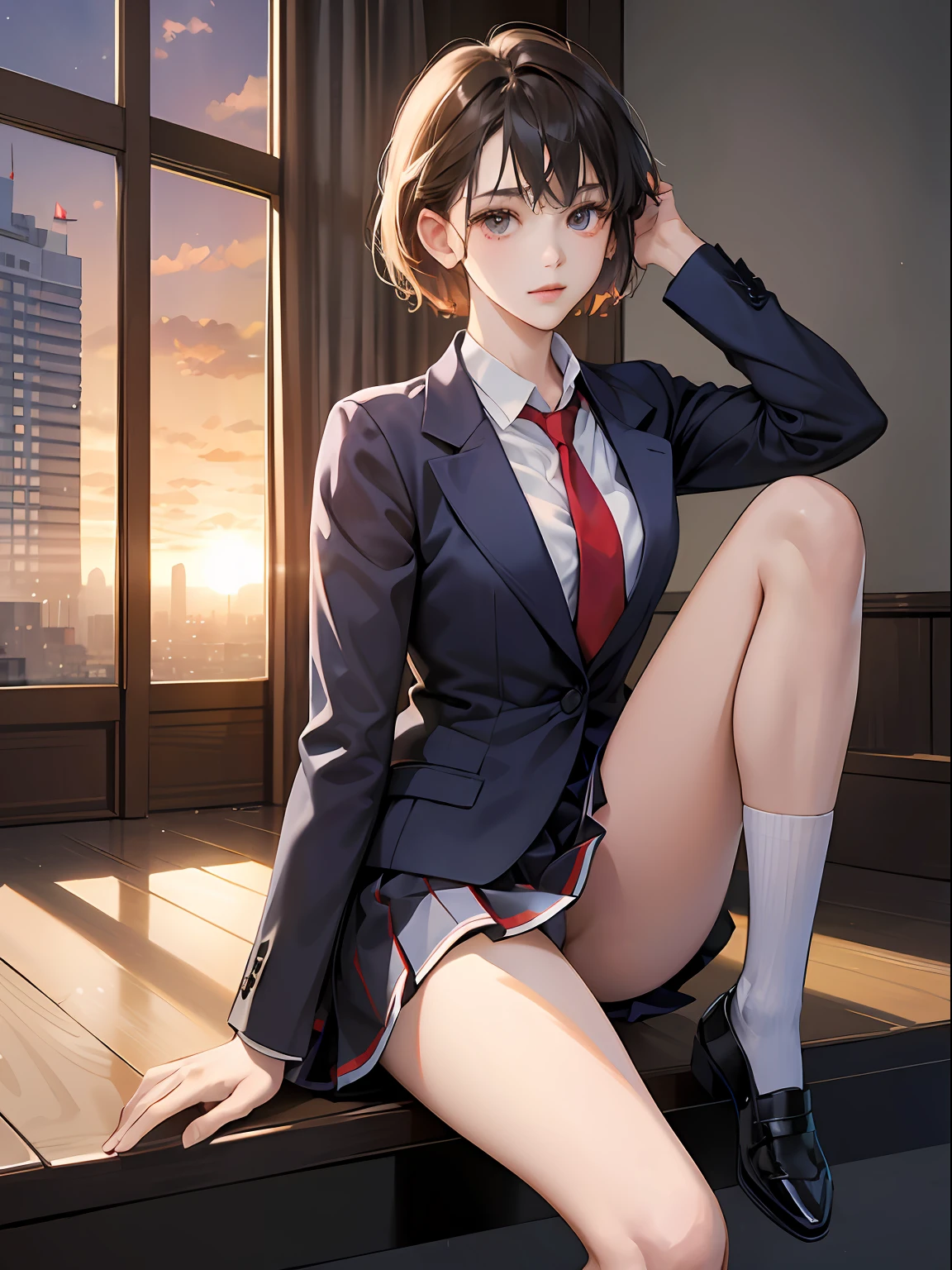 Dark blue blazer、white  shirt、Red Big Ribbon、flered skirt, Red tie, White socks, lowfers,Light brown fringe short hair、Light brown eyes、1girll、Innocent、(Photorealsitic)、(intricate detailes:1.2)、(​masterpiece、:1.3)、(top-quality:1.4)、(超A high resolution:1.2)、超A high resolution、(A detailed eye)、(detailed facial features)、nffsw、8K分辨率、、(lensflare:0.7)、爆乳、Sit on the stairs、Open your legs、raise one leg up、Skyscrapers、Sunset between the buildings