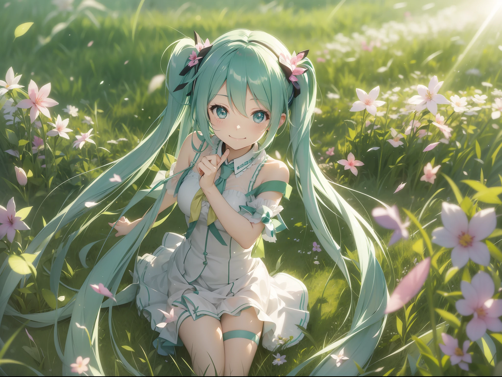 miku hatsune、grass field、a smile、Light Effects、Top image quality、Glittering、graceful、animesque
