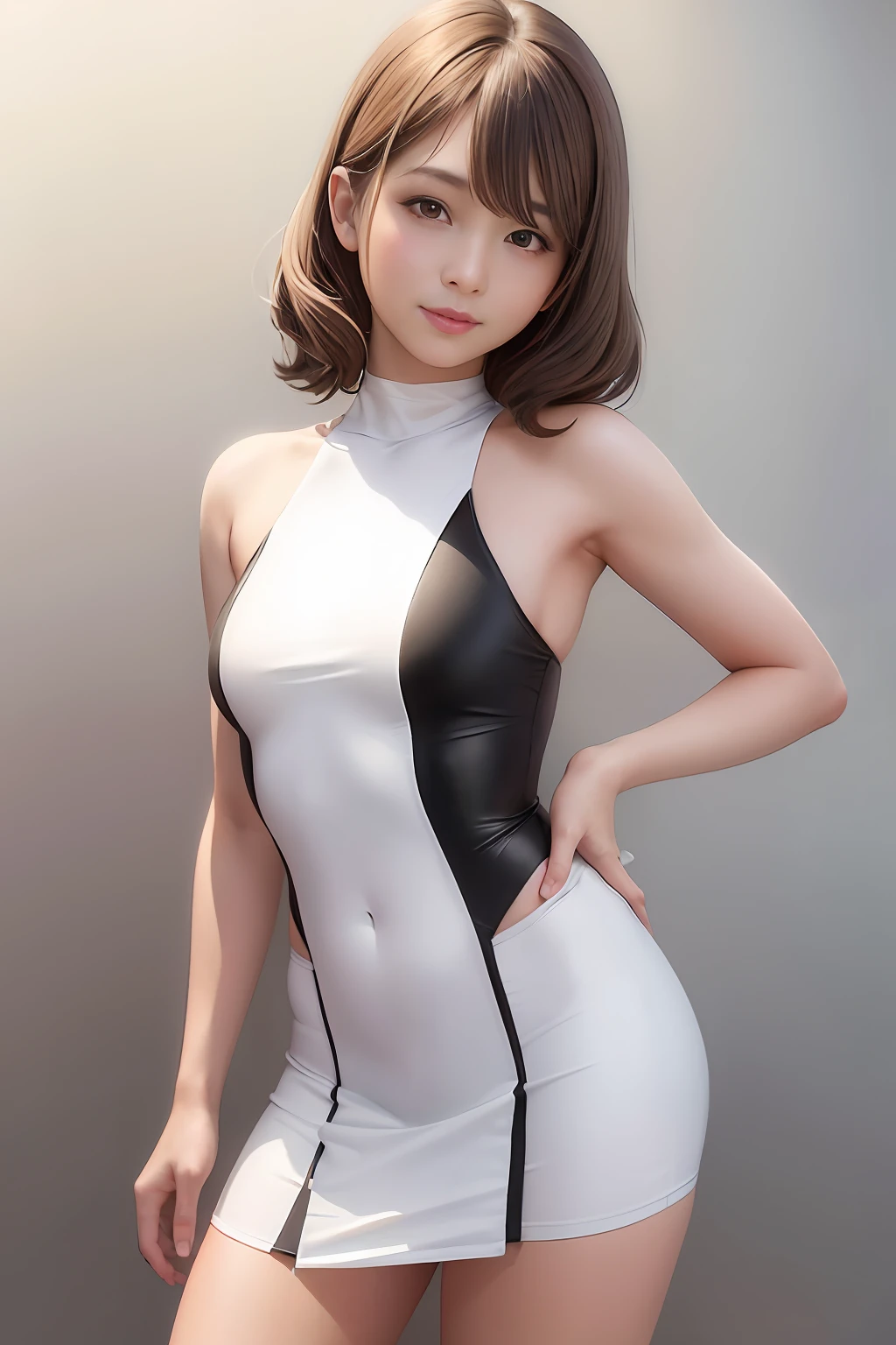 ((Full body portrait))、((no shadows))、((A smile))、((middlebreasts、the head is very small、))、(Eyes are far away)、(the perfect body : 1.1)、((short wavy hair : 1.2))、((Wear a racing suit)), ((a miniskirt))、reddish brown hair、​masterpiece, ultra fine photos,,top-quality, 超A high resolution, stunningly beautiful,A detailed face,,High Detail Skin, realistic skin detail、foco nítido、Volumetric fog、8K、hard disk、dslr camera、hightquality、film grains、fair white skin、photorealisim、Lomography