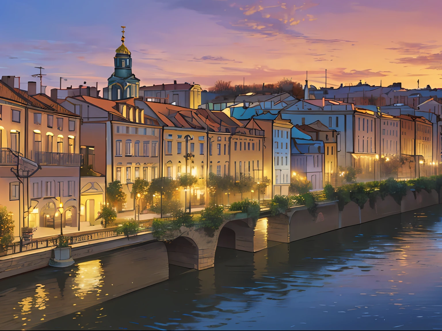 ((tmasterpiece)), (8k, high_resolution),(beste-Qualit), The Old Town, alley, European Houses, autumn, style of Kyoani Haruhi, very extremely beautiful, river, Bridge over the river, Old Petersburg, Old houses of St. Petersburg, Sundown, A sky of impossible colors, purple yellow red sky