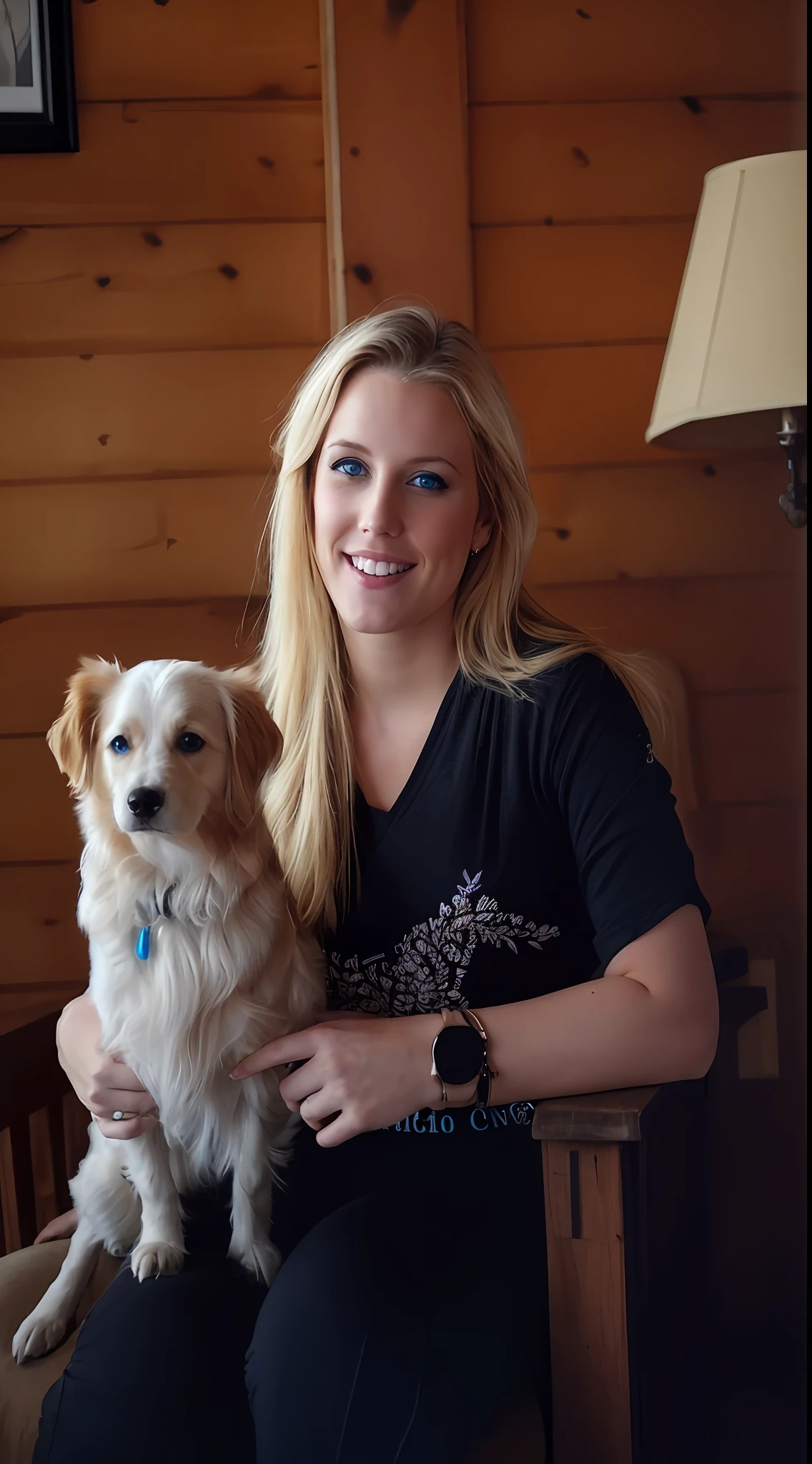 blonde woman with blue eyes, looking at camera.