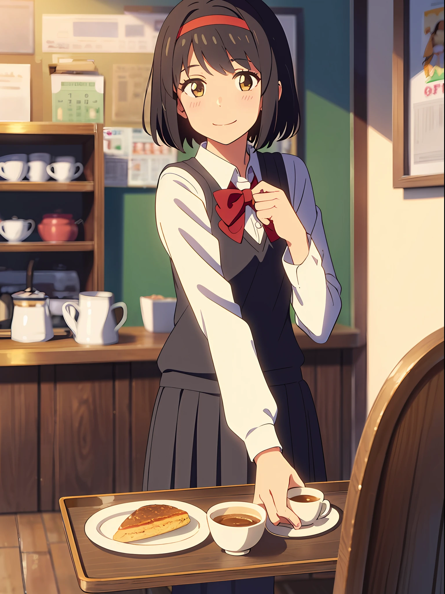 shinkai makoto, kimi no na wa., 1girl, bangs, black hair, blush, bow, brown eyes, collared shirt, headband, looking at the viewer, red bow, red headband, red ribbon, Ribbon, school uniform, shirt, short hair, smile, solo, sweater vest, vest, white shirt, yellow sweater vest, yellow vest, smile, happy, long skirt, long sleeves, puffy sleeves, red neckerchief, indoors, coffee shop, cowboy shot, tray, tray in one hand, masterpiece, best quality