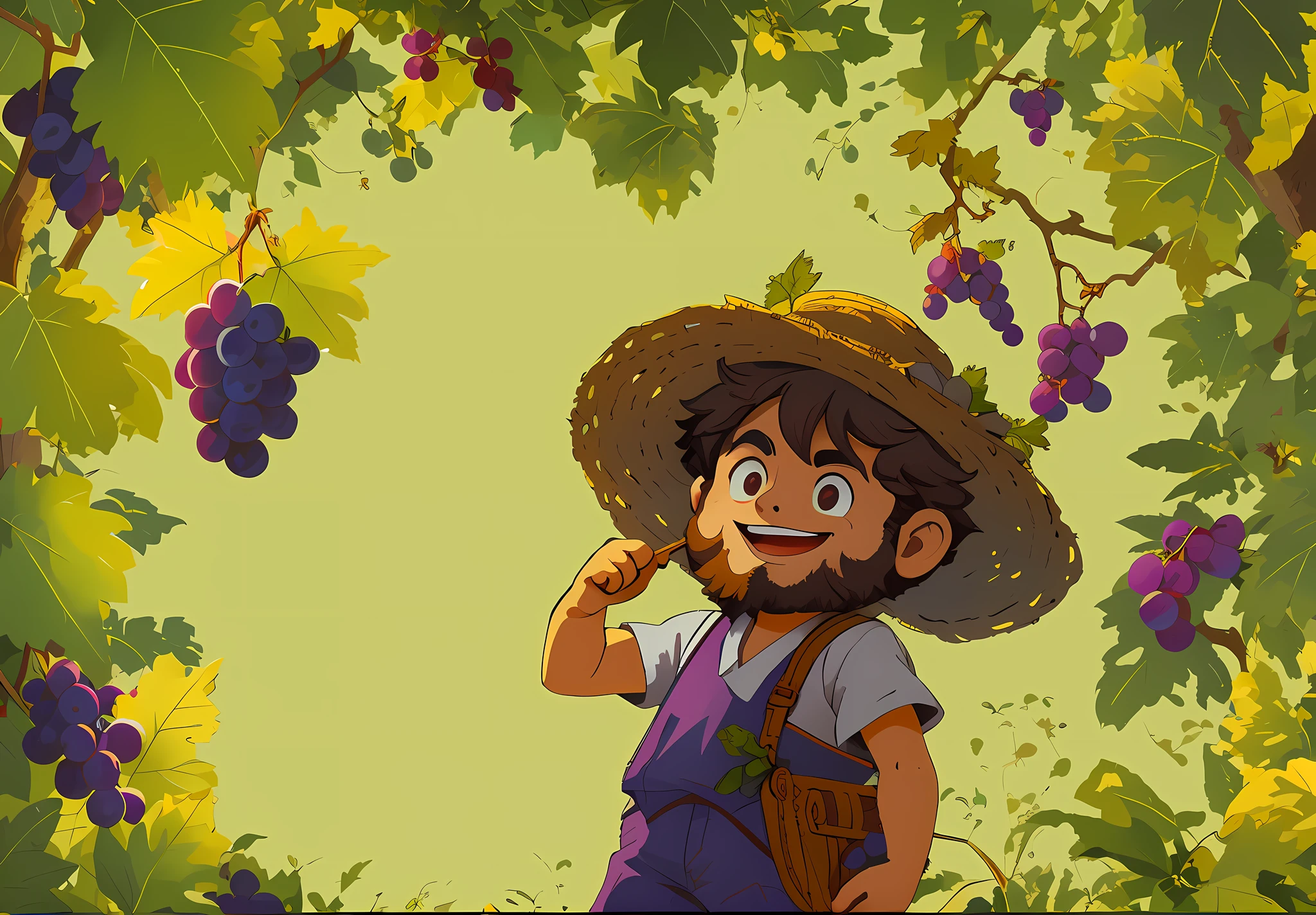 In the vineyard,There is a grower wearing a straw hat and a straw hat,The details of the hands are rich,Act reasonably,In the vineyard,Large grapes,Meticulous attention to detail,and fine details of grape leaves, offcial art, Official illustration, the wallpaper!, Official artwork, official character art, official character illustration,Commercial digital painting, 2d painting,Reasonable details,Master-like details,Reasonable composition,Flat illustration style