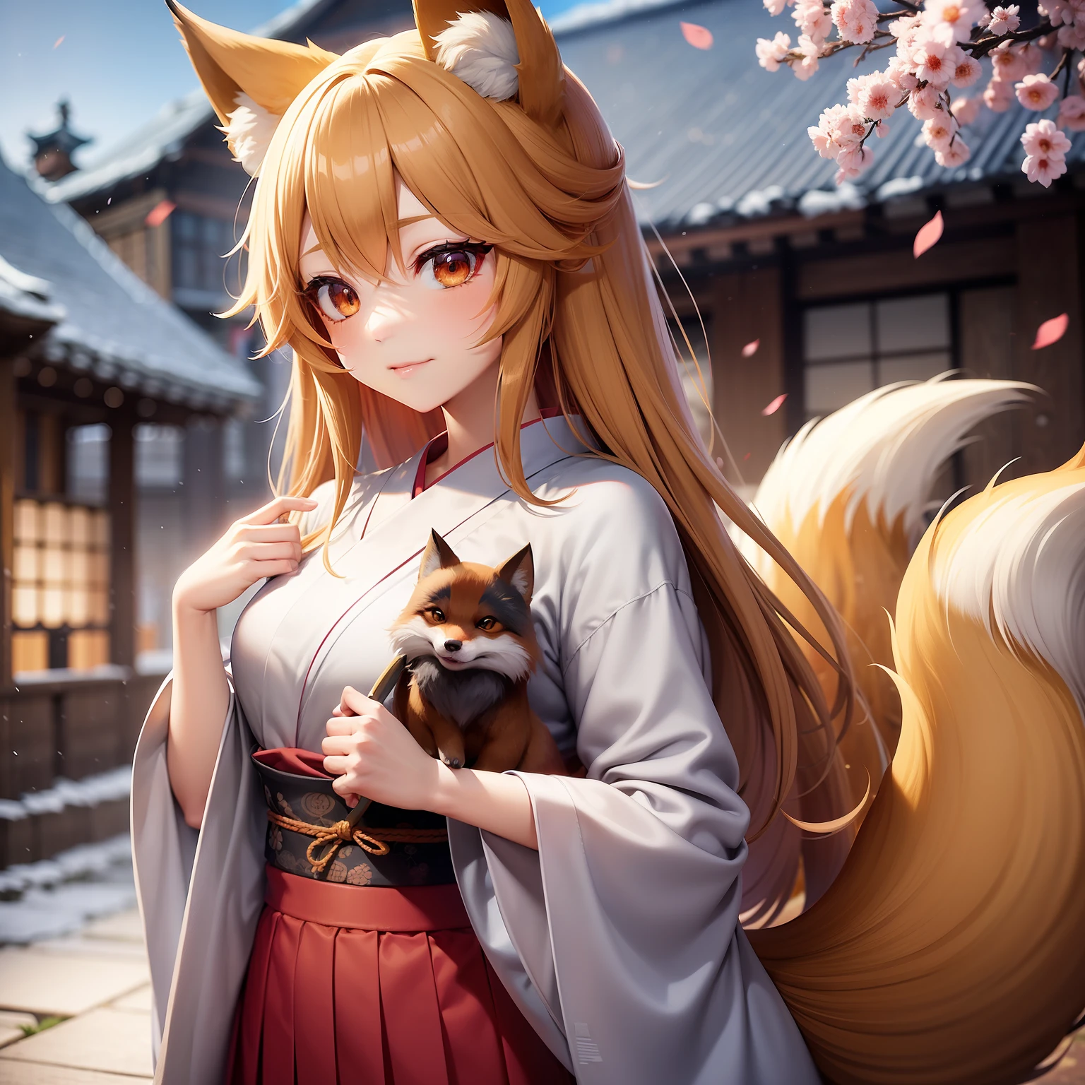 Anime girl in red skirt and white yukata、Holding a magic tag in your hand、One girl in anime,ocher hair、 fox nobushi, foxes, Fox three-tailed fox, with kitsune mask, けもの, a beautiful kitsune woman、unrealengine、Sakura blizzard、Confetti background、Ninja Village Background