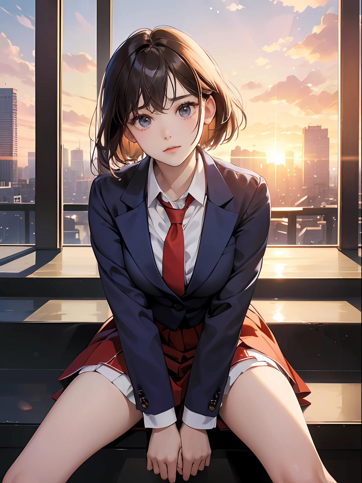 Dark blue blazer、white  shirt、Red Big Ribbon、flered skirt, Red tie, White socks, lowfers,Light brown fringe short hair、Light brown eyes、1girll、Innocent、(Photorealsitic)、(intricate detailes:1.2)、(​masterpiece、:1.3)、(top-quality:1.4)、(超A high resolution:1.2)、超A high resolution、(A detailed eye)、(detailed facial features)、nffsw、8K分辨率、、(lensflare:0.7)、爆乳、sit on stairs、Open your legs、raise one leg、beauty legs、frombelow、Skyscrapers、Sunset between buildings