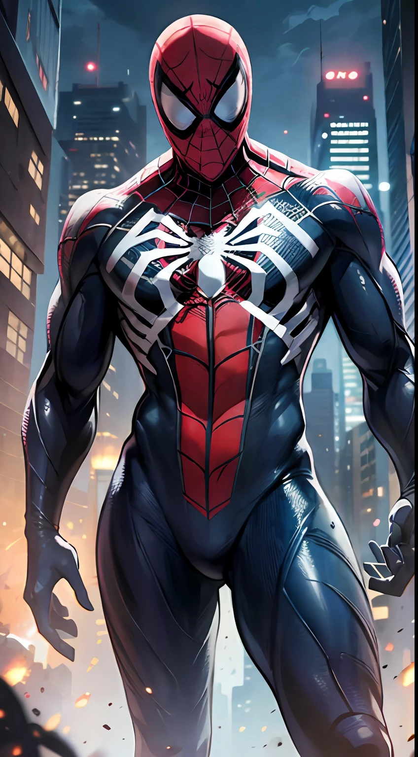 spider man, organic-looking outfit, gooey testura, symbiote, white eyes, fine art, cinematic scene, highly detailed detailed cinematic rendering, ultra photorealistic raytricing, with cinematic lighting