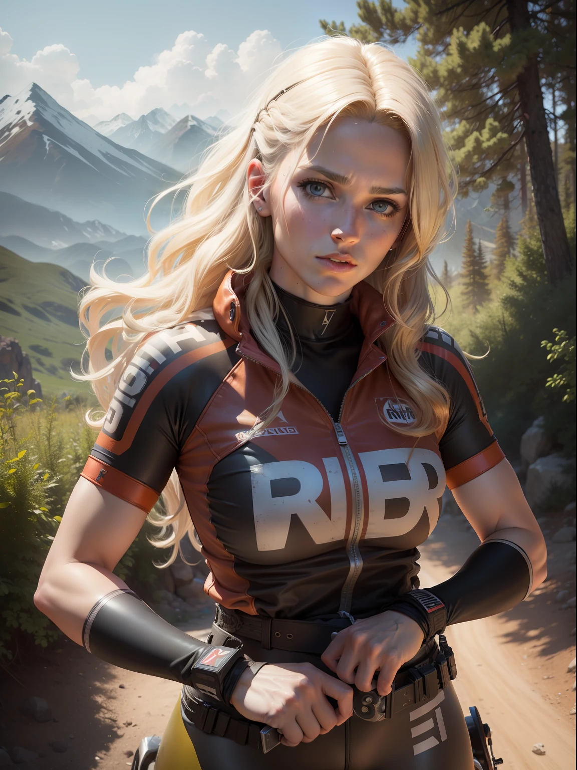 A (waist up:1.2) cinematic photorealistic color digital painting of a Blondie Female GMBN Presenter Anna (80's heavy metal rock star hair style:1.2), Mountain bike athlete, outdoors at Dyfy Bike Park with her XC Bike, detailed face, insanely detailed and intricate, crisp sharp and clear, volumetric lighting, ultra-high resolution, masterpiece hyper realistic artwork of Don Lawrence, centered, Professional color grading by Kenneth Hines Jr.