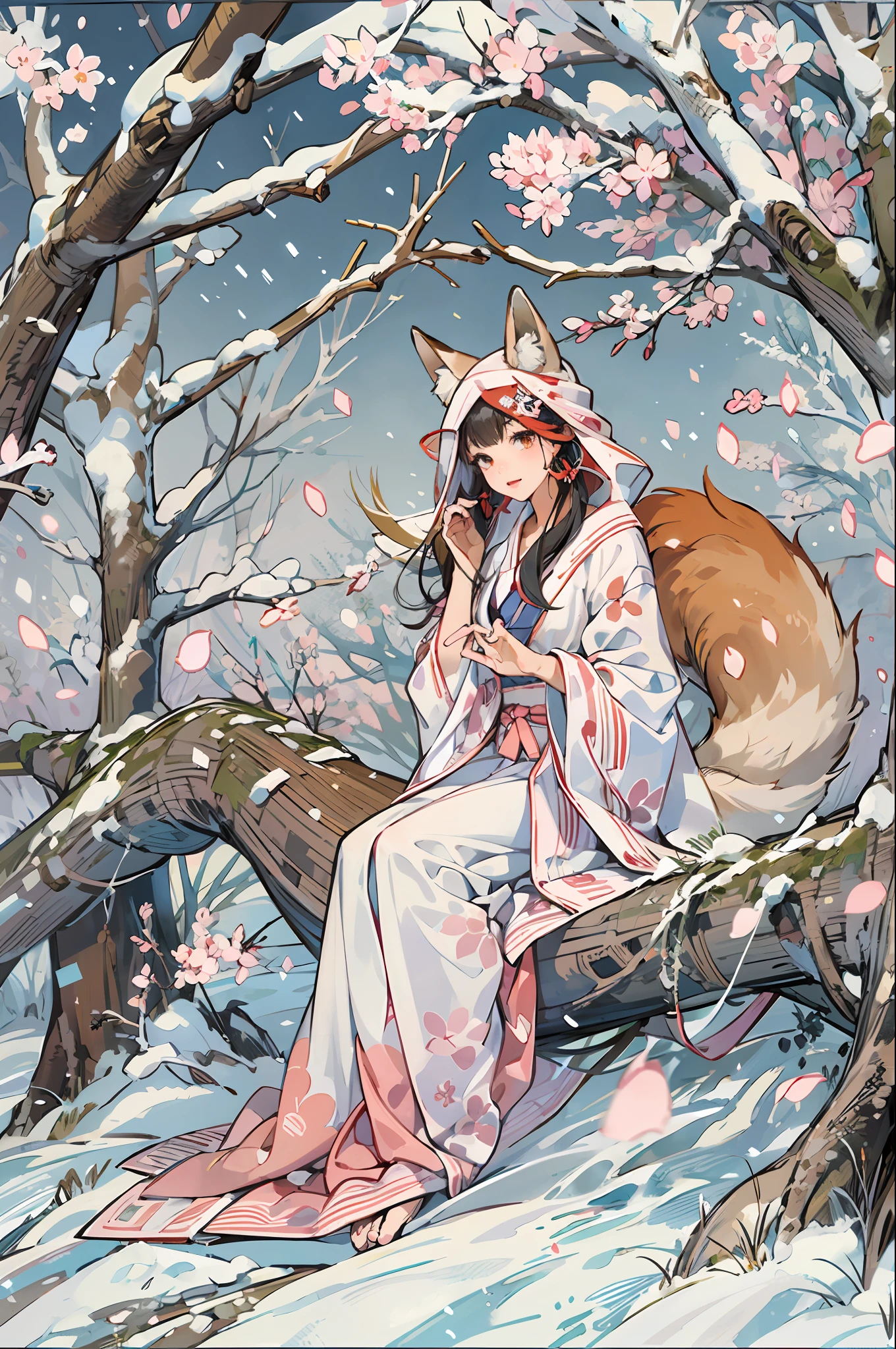 In this captivating digital artwork, behold the enchanting sight of a fox spirit transformed into a stunning snow fox woman BREAK With nine fluffy white fox tails gracefully cascading down her back and fox ears adorning her head, she exudes an otherworldly allure. Clad in a meticulously detailed yukata, every fold and pattern accentuates her ethereal beauty. BREAK In the heart of a freezing Sakura forest, this snow fox woman stands with an air of mystique. As she raises her delicate hands, she conjures a powerful ice spell, channeling her innate sorcery BREAK Countless small ice shards and delicate snowflakes dance and swirl around her, creating a mesmerizing display of frozen elegance. BREAK The backdrop of the Sakura forest, typically known for its vibrant blooms, is transformed into a winter wonderland. The sakura trees, now adorned with a delicate layer of frost, create a stunning contrast against the snow-covered ground. The chilling air intensifies the ethereal atmosphere, adding an extra layer of enchantment to the scene.