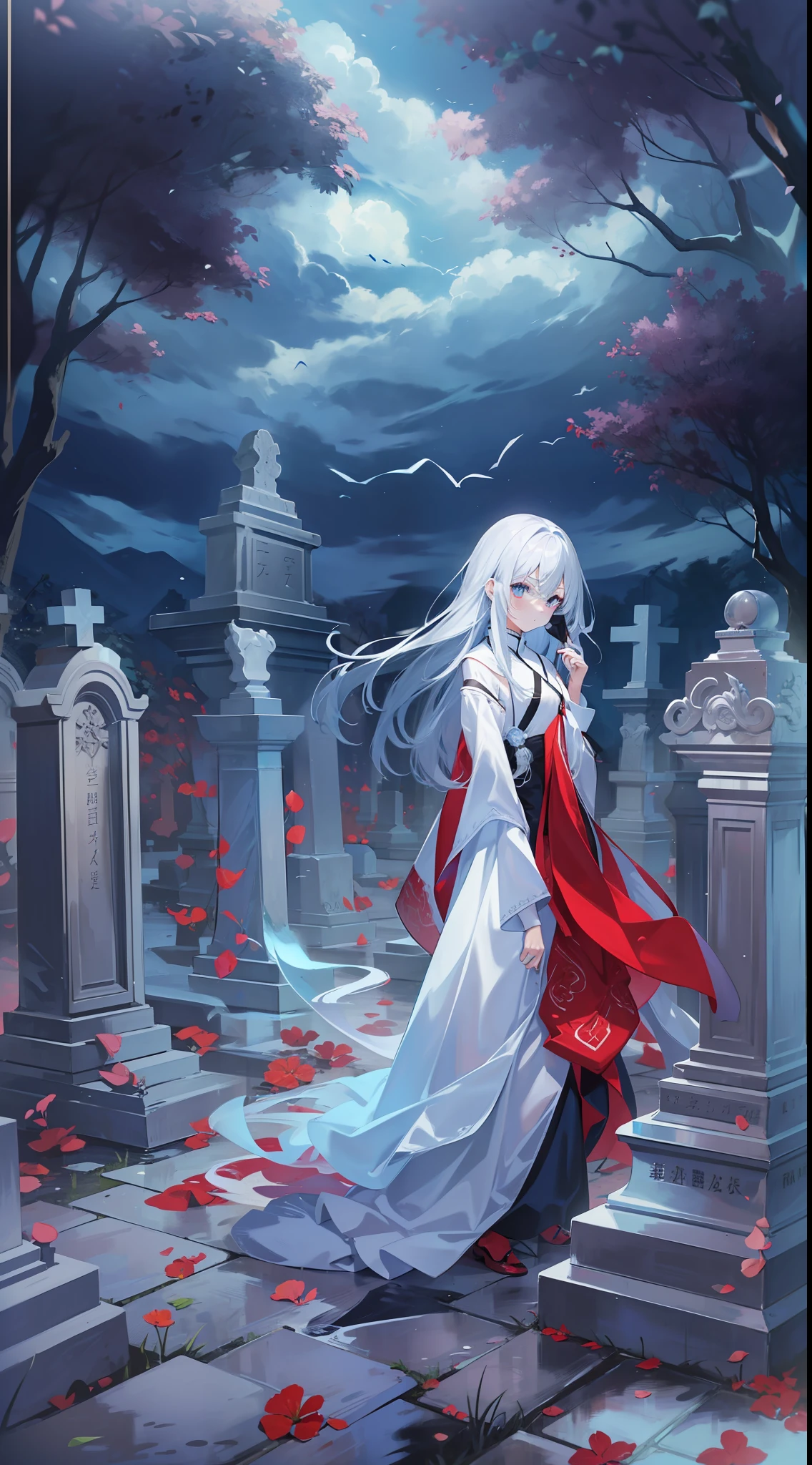 Girl in a dream。I have long silver hair。I'm dressed as a ghost。Eyes are light blue。Wearing a black cloth。Has a red mask。I'm looking languidly。The background is a cemetery。It is an illustration of the highest quality。It is a beautiful illustration。