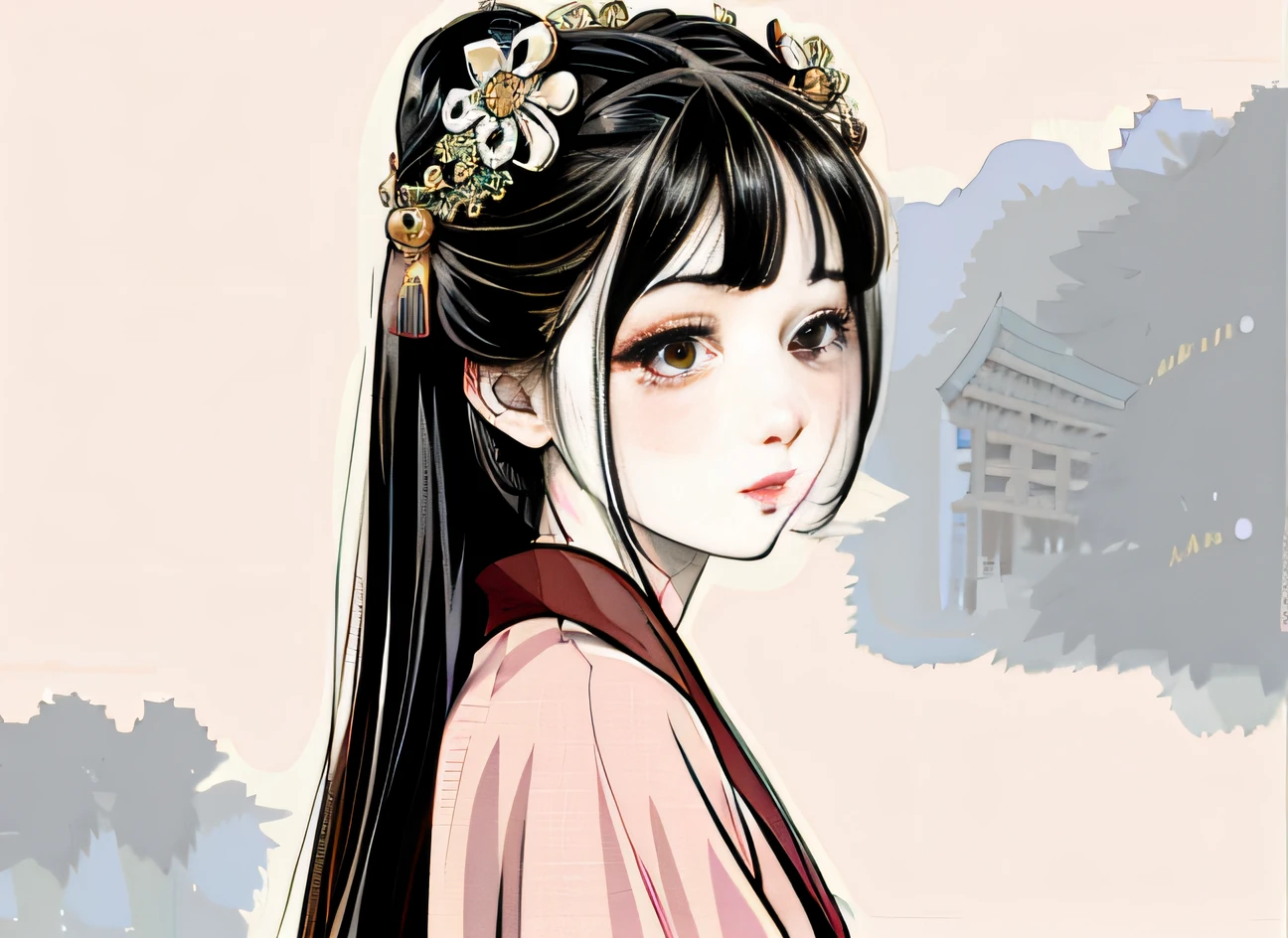 Anime girl with long black hair and flowers in her hair, Palace , A girl in Hanfu, inspired by Ma Yuanyu, Digital anime illustration, in the art style of bowater, Beautiful anime style, Anime style portrait, anime styled digital art, Guviz-style artwork, Anime style illustration, digital manga art, in an anime style
