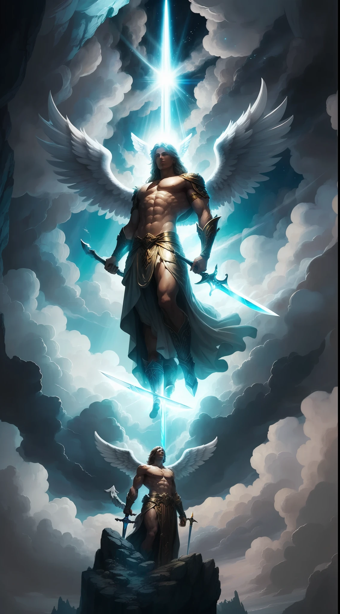 The angel Archangel emerges from the clouds high in the sky, obra-prima em um altar de ouro fino, Sua forma poderosa, the shining sword in his hand, and the light behind him unites to create a divine scene.