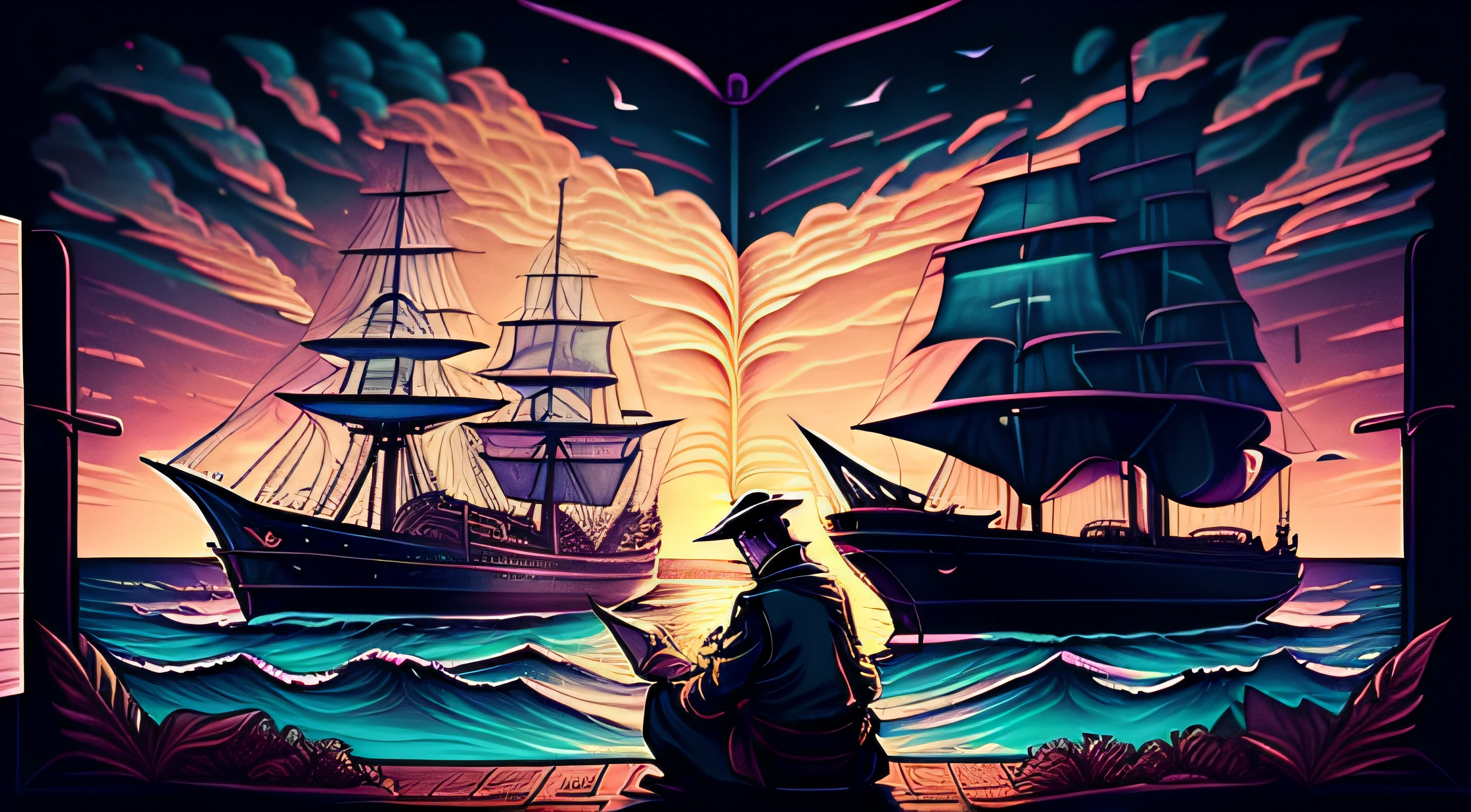 "A thoughtful, wise man, jotting down thoughts on his weathered diary amidst a backdrop of majestic ships sailing in the distant horizon."