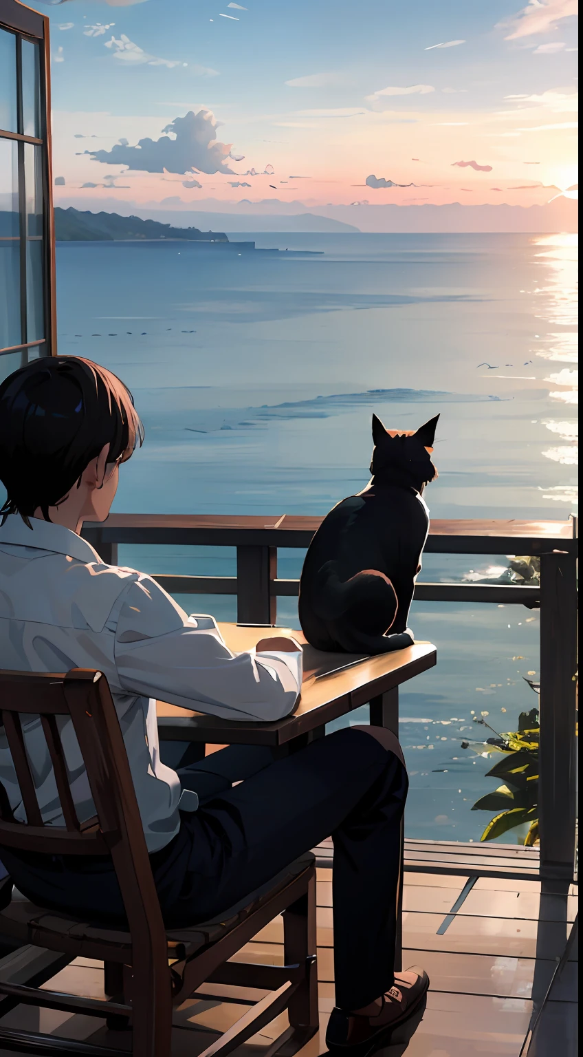 Dawn morning、On a hill with a view of the sea、With one cat、While sitting in a rocking chair、Dressed in a white shirt and black pants、A man brewing coffee while looking at the sea。
