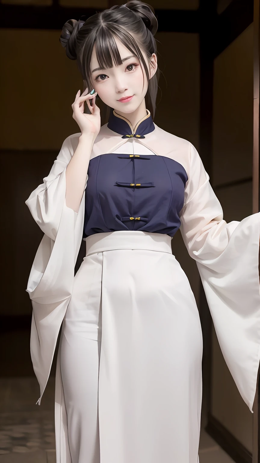 (超高分辨率,Photorealistic,Realistic,Best quality,photo-realistic), (highdetailskin,Visible pores),(Real Human,photographed), (((random colors,Tang uniform Han uniform,Chinese style))),Realistic,Simple background,full bodyesbian, (8K, RAW photo, Best quality, Masterpiece),(1 girl),photon maping, Radio City, Physically-based rendering,automatic white balance,(((haunting smile,Long hair))),Watery eyes, (Blush|Cute and playful|Adorable|Willow slender waist|Thick bangs|Beauty|double tails|hair-bun,),(view the viewer),(irises and pupils are rounded,the pupil reflelts the surroundings,Eyes are not the same size), Chinese street, scenery, Morning