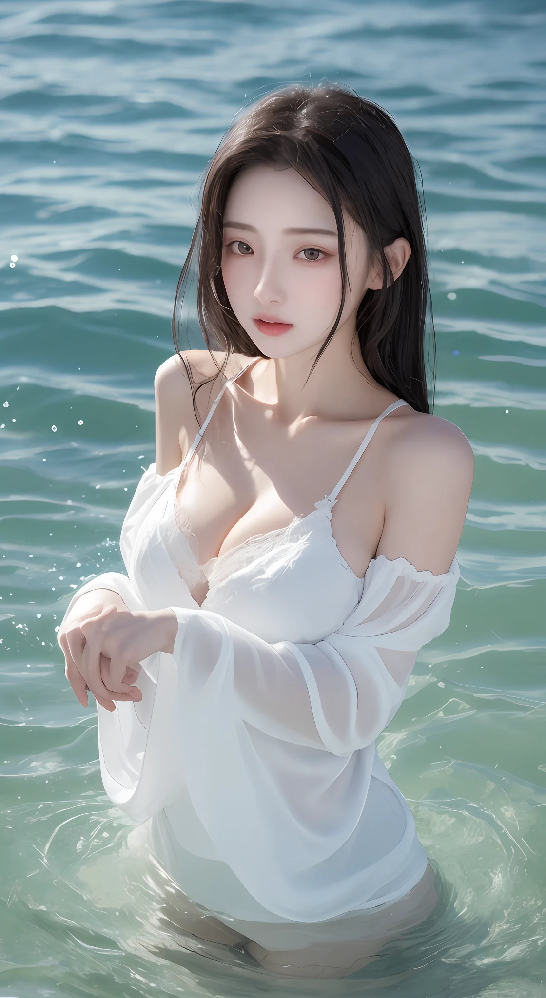 perfect figure beautiful woman：1.4，Layered Hair Style，Protruding cleavage：1.2，wetclothes：1.5，Highly Detailed Face and Skin Textur，二重まぶた，Whiten the skin，long whitr hair，Play in the water