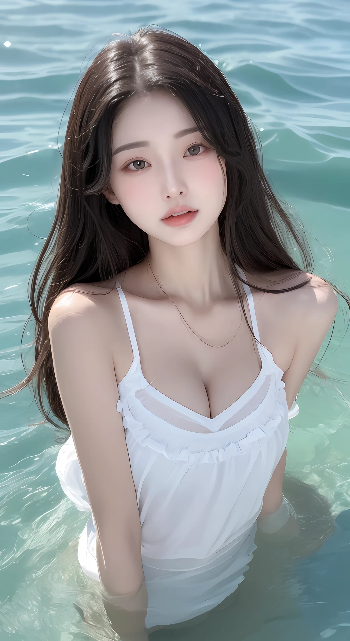 perfect figure beautiful woman:1.4,Layered Hair Style,Protruding cleavage:1.2,wetclothes:1.5,Highly Detailed Face and Skin Textur,二重まぶた,Whiten the skin,long whitr hair,Play in the water