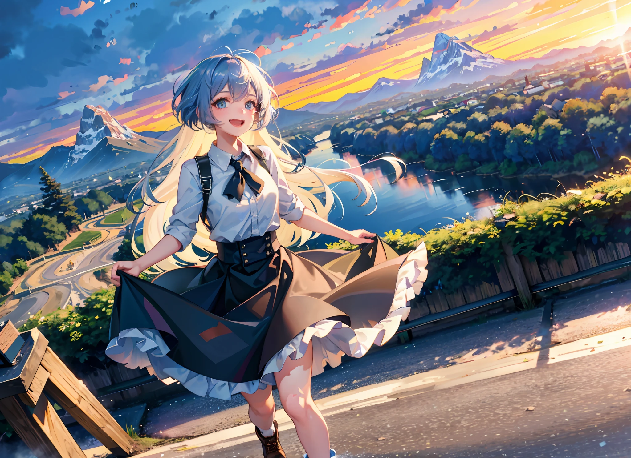 best quality, masterpiece, kat, summer, wind skirt, wind hair, running, river, mountain, forest, nature, detailed reflex, sunset, cinematic lighting, caustics, (wide shot:1.1), detailed cute girl, mountain road, overlook, smile, open mouth,