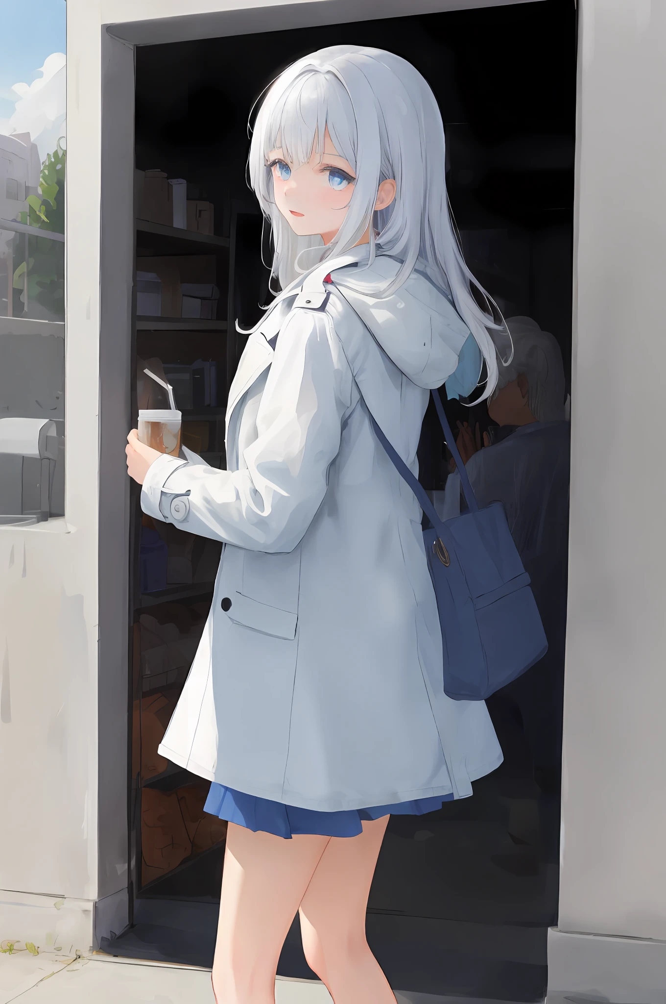 s girl,blue colored eyes,long white hair,starrysky,Short light blue skirt,Light blue top,White trench coat,