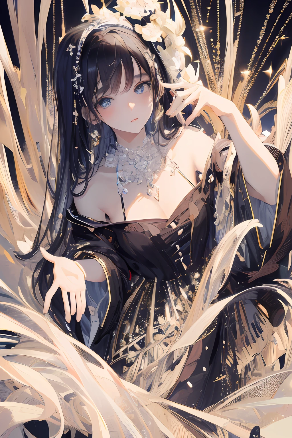 ((Masterpiece, Superb, Super Detailed, High Resolution)), solo, beautiful girl, sparkling eyes, perfect eyes, , black and white gold theme,