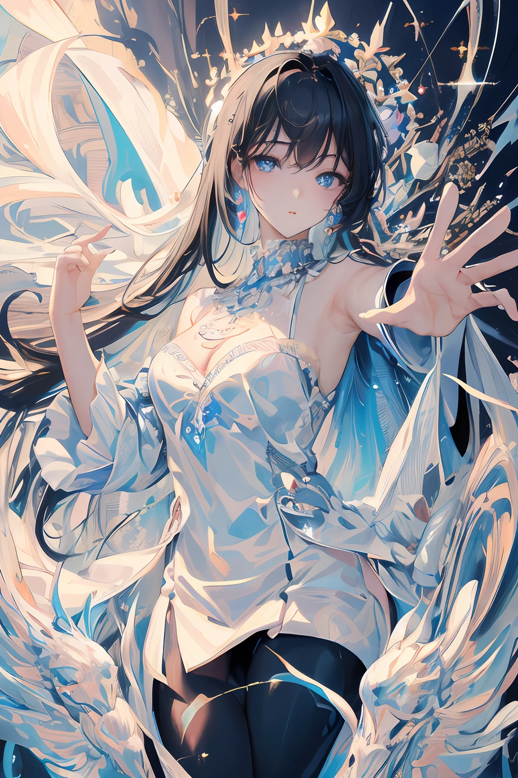 ((Masterpiece, Superb, Super Detailed, High Resolution)), solo, beautiful girl, sparkling eyes, perfect eyes, 15 years old, black and white gold theme,