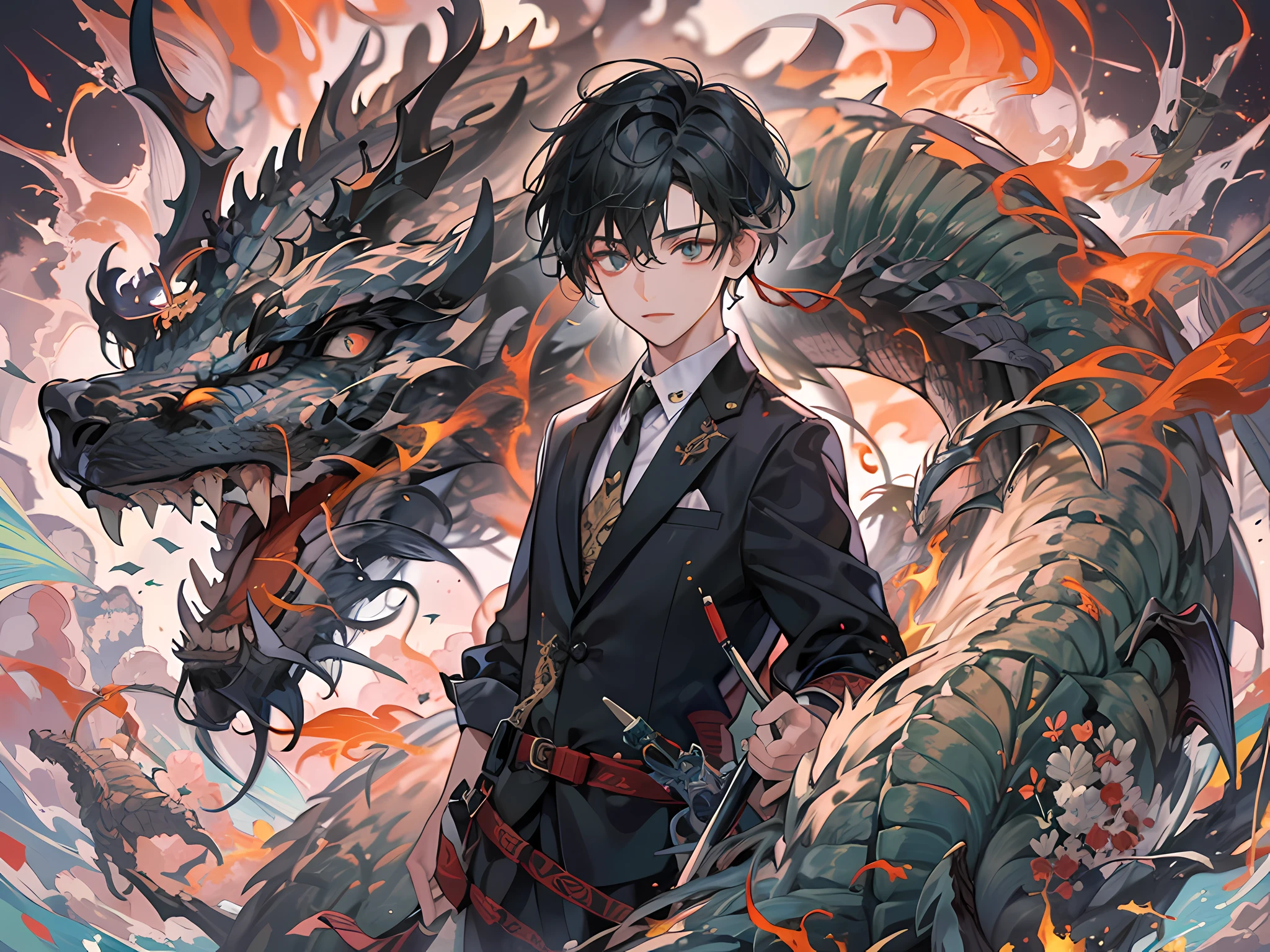 masterpiece, best quality, 8k, insane details, intricate details, hyperdetailed, hyper quality, high detail,
A boy with black hair, wearing a suit
Chinese wind, full of dragon totems, interweaving water and fire