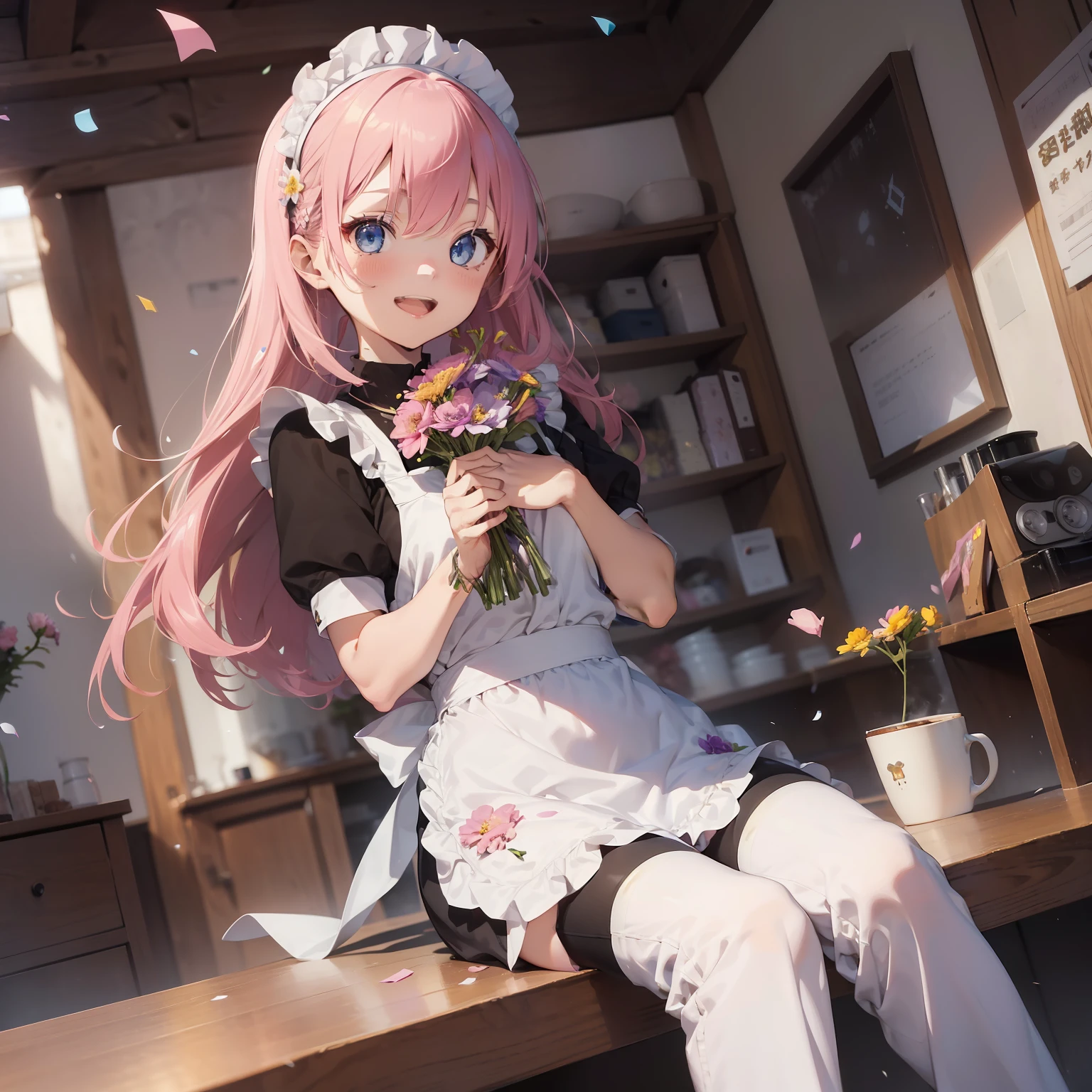 (superfine illustration:1.2),(masutepiece, 8K), (Best Quality, High quality:1.4), portlate、((Super Pastel)),Perfect Anatomy, Hyper Detailed, ultra-detailliert,masterpiece background,beautiful detailed background, V8K Wallpapers,perfect design, 1girl in, Solo, ((Holding a large bouquet of flowers in both hands:1.4)),(Confetti:1.4),(One-handed microphone)、)(slender, Very short sleeves,Pink hair,maid, Outstanding smile、frombelow, Cowboy Shot:1.2), (lightsmile, Open mouth, 17 years old, Pink hair, (Super long hair,Twin-tailed), Blue eyes, Blue eyes, Black blouse, Short sleeves, maid apronl, white maid apron, Long black trousers, Long pants, long boots, Slender girl), (Inside a coffee shop in a fantasy world of medieval Europe)、(dynamic motion)、