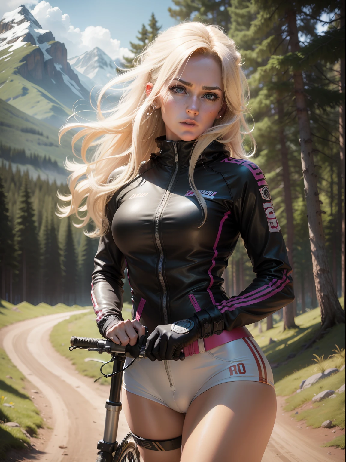 A (waist up:1.2) cinematic photorealistic color digital painting of a Blondie Female GMBN Presenter Anna (80's heavy metal rock star hair style:1.2), Mountain bike athlete, outdoors at Dyfy Bike Park with her XC Bike, detailed face, insanely detailed and intricate, crisp sharp and clear, volumetric lighting, ultra-high resolution, masterpiece hyper realistic artwork of Don Lawrence, centered, Professional color grading by Kenneth Hines Jr.