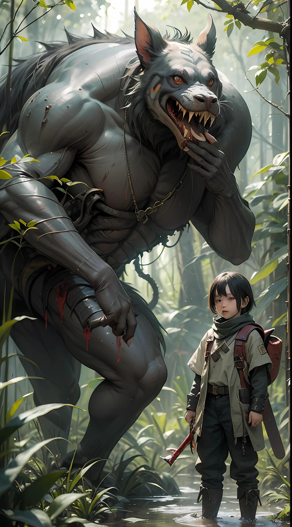 Dense jungle，Rough and damp trees，Huge thick vine，weeds，water puddles，marshes，（（5-year-old child adventurer standing in front of a huge man-eating flower）），Piranha，adventurer clothing，brutal，bloodthirsty，attacking，bloods，heavy bleeding，super-fine，Works of masters，high qulity，8K分辨率，depth of fields，电影灯光，Epic shooting