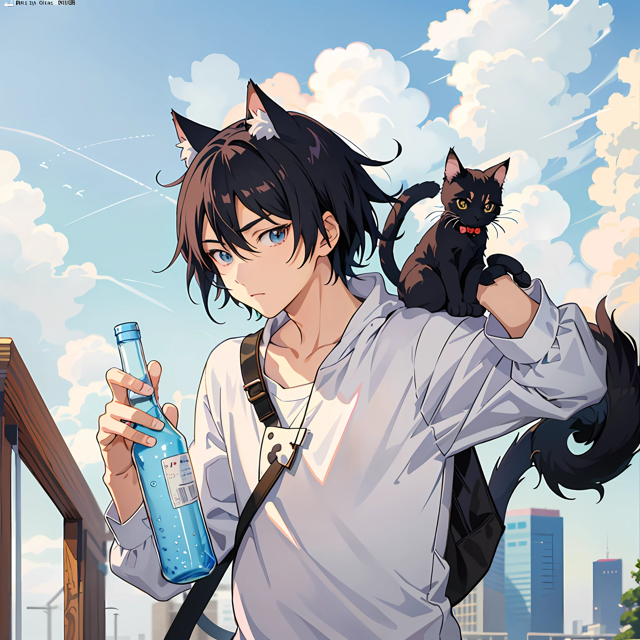 Anime boy with a cat holding a bottle on his head, anime visual of a cute cat, Guviz-style artwork, Boy with cat ears and tail, Guviz, animeaesthetic, author:Kikukawa Sakaeyama, In anime style, in an anime style, anime cat, animeaesthetic, Guweiz in Pixiv ArtStation