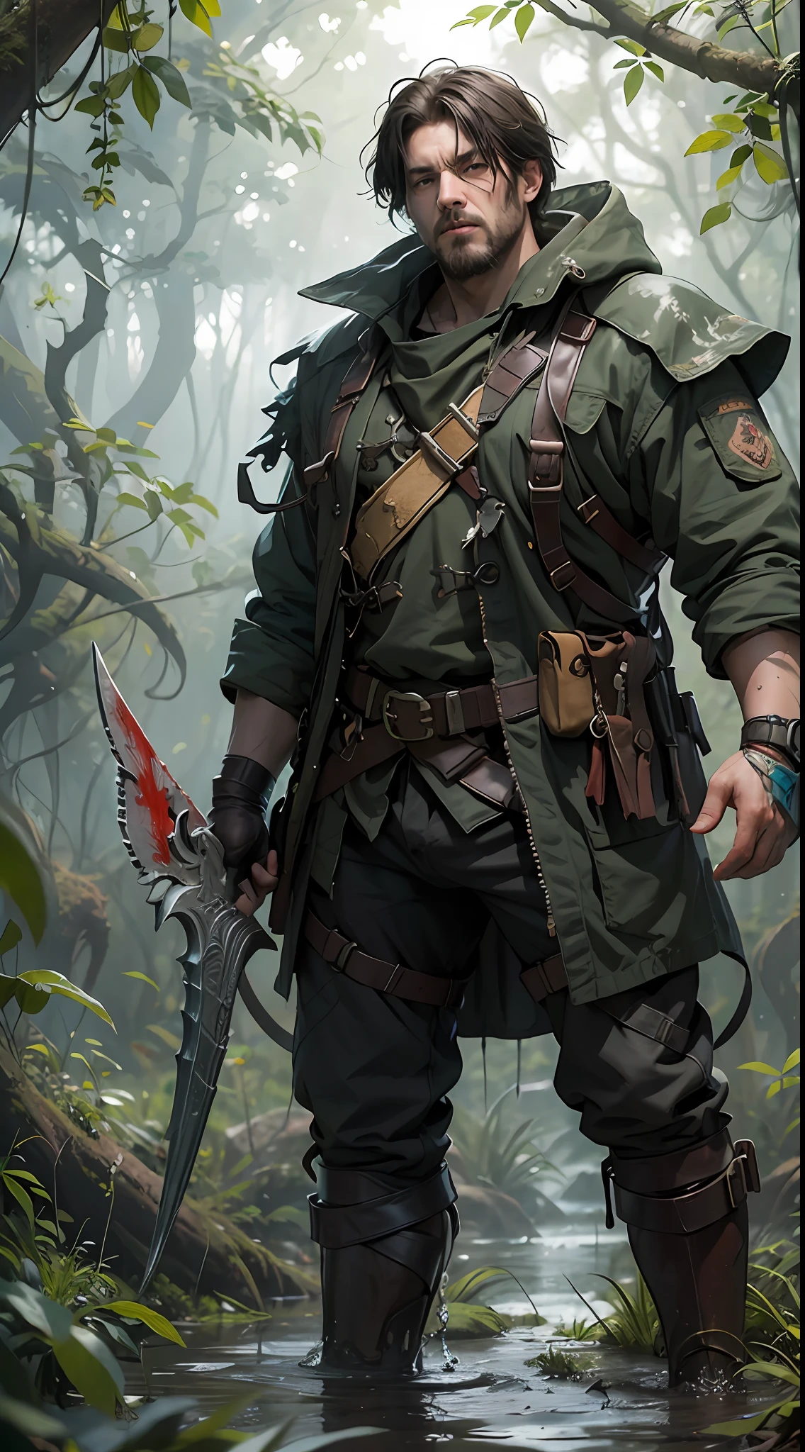 Dense jungle，Rough and damp trees，Huge thick vine，weeds，water puddles，marshes，（（5-year-old child adventurer standing in front of a huge man-eating flower）），Piranha，adventurer clothing，brutal，bloodthirsty，attacking，bloods，heavy bleeding，super-fine，Works of masters，high qulity，8K分辨率，depth of fields，电影灯光，Epic shooting