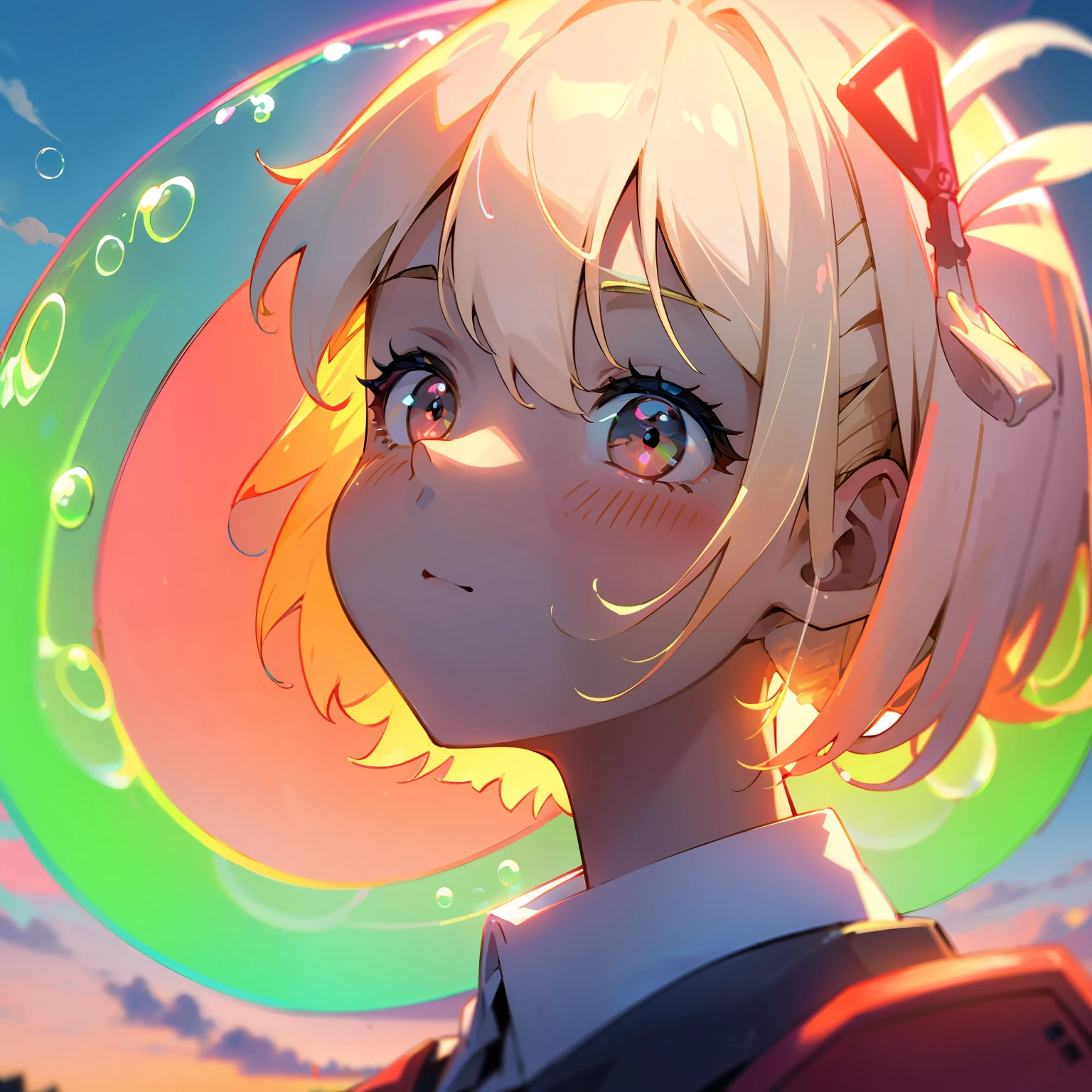 girl standing in field, (((neon soap bubbles))), detailed face, mid shot, portrait, clouds, sunrise