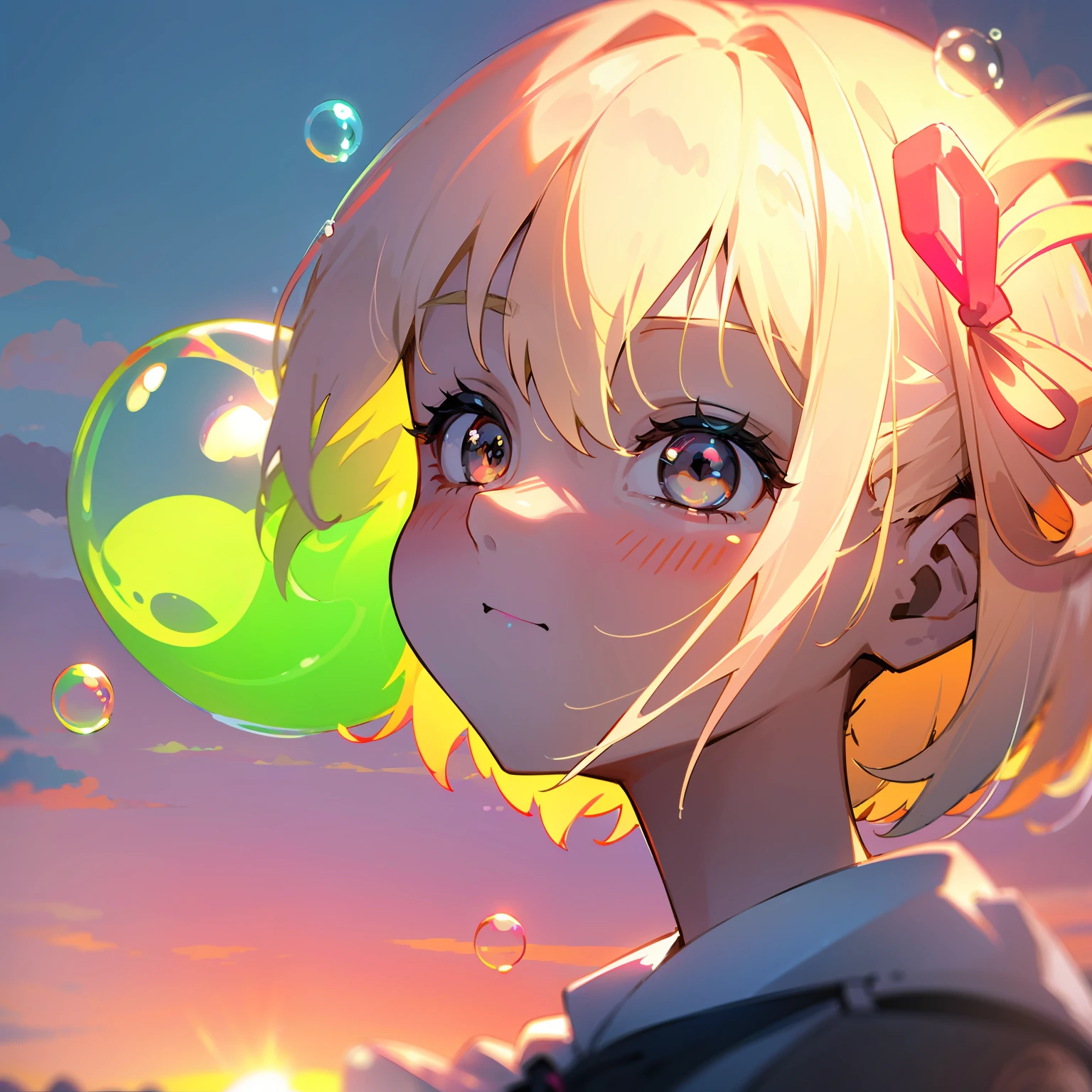 girl standing in field, (((neon soap bubbles))), detailed face, mid shot, portrait, clouds, sunrise