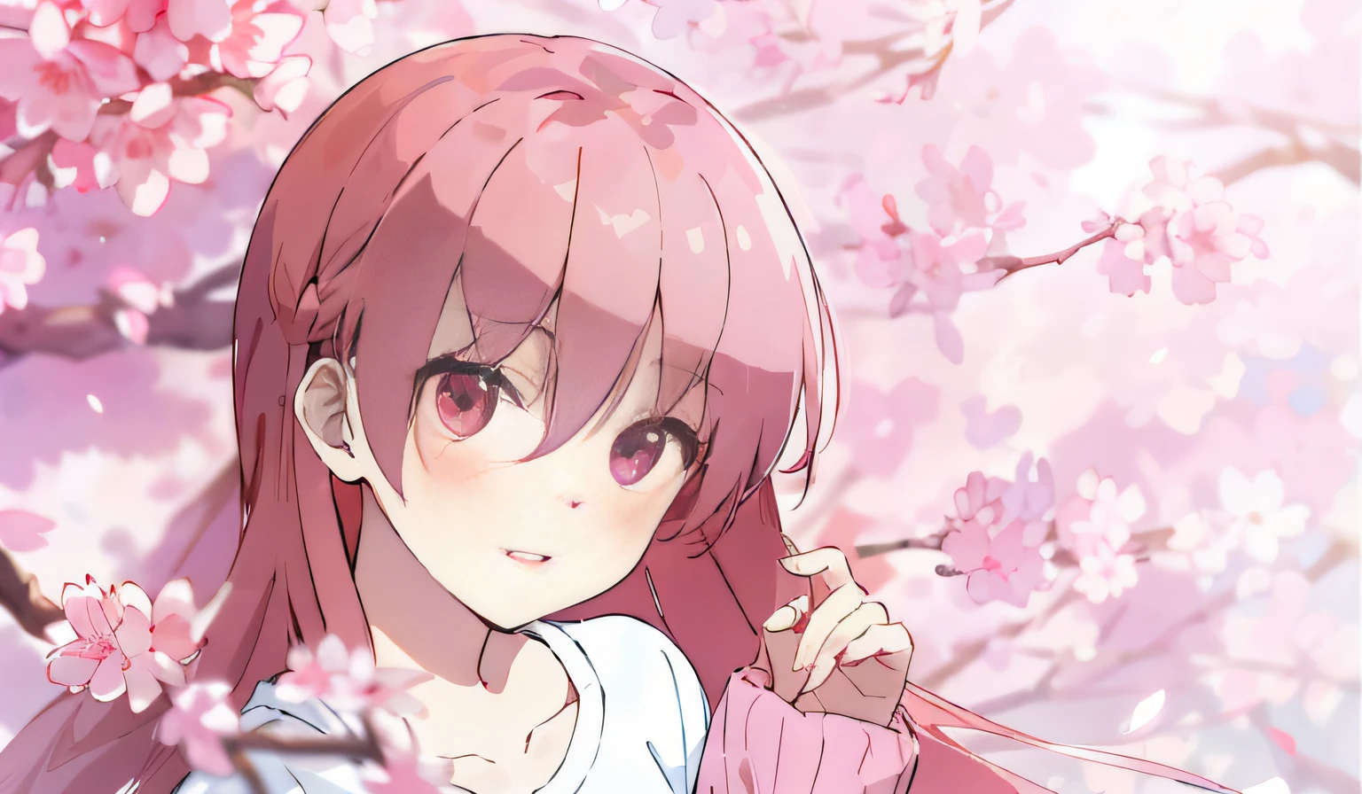 Anime girl with long red hair and pink eyes standing in front of a cherry blossom tree