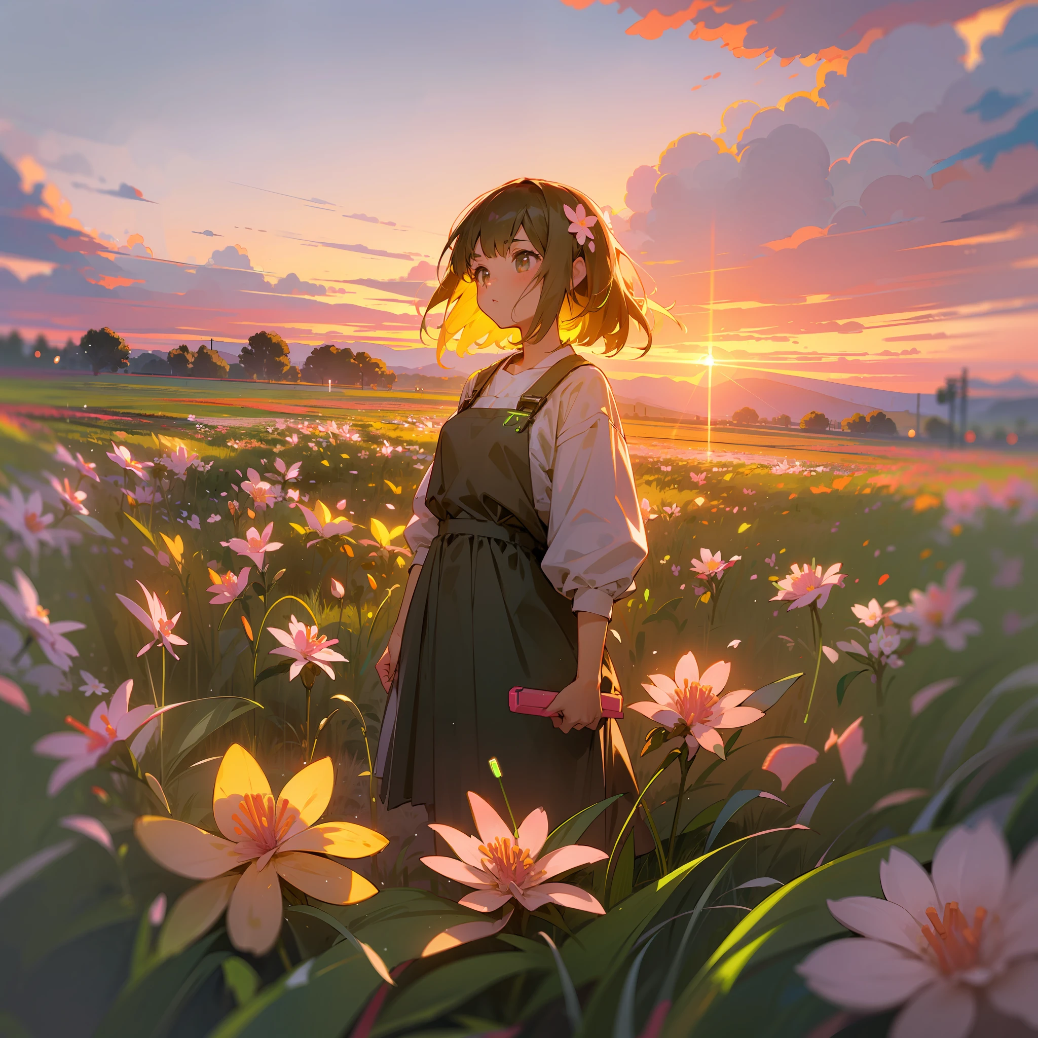girl standing in field, (((neon soap flowers))), mid shot, portrait, clouds, sunrise