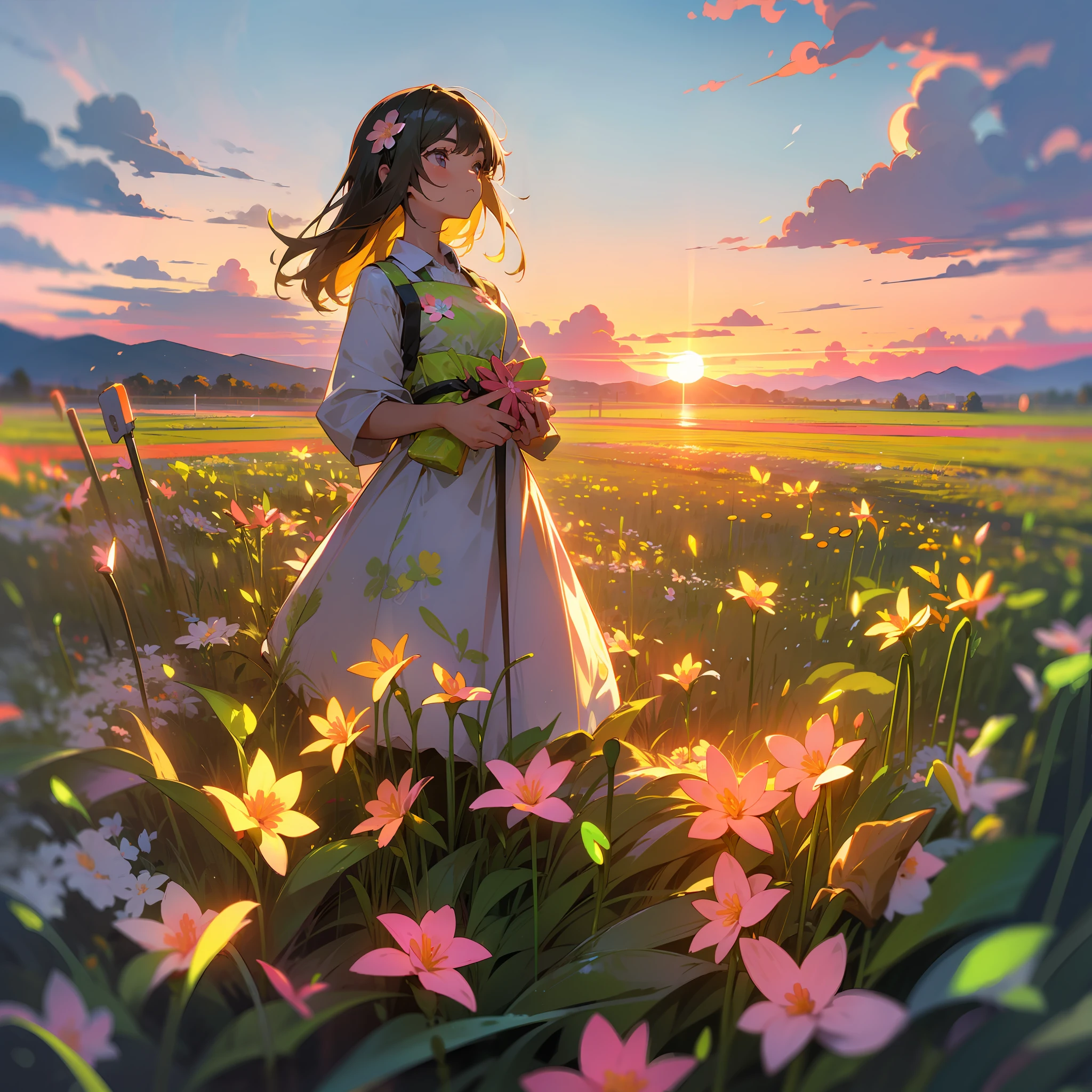 girl standing in field, (((neon soap flowers))), mid shot, portrait, clouds, sunrise