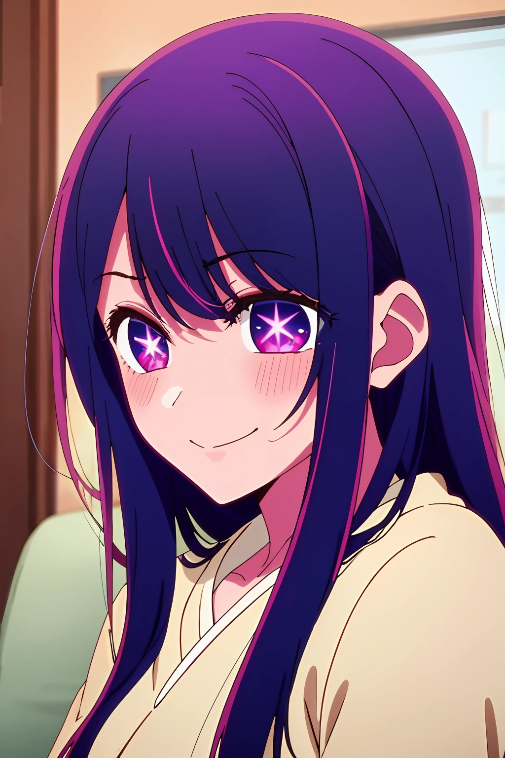 masterpiece、ighly detailed、(1 girl in:1.2)、purple color hair、big eye、a closeup、a smile、8K 、Ai Hoshino、Plain clothe