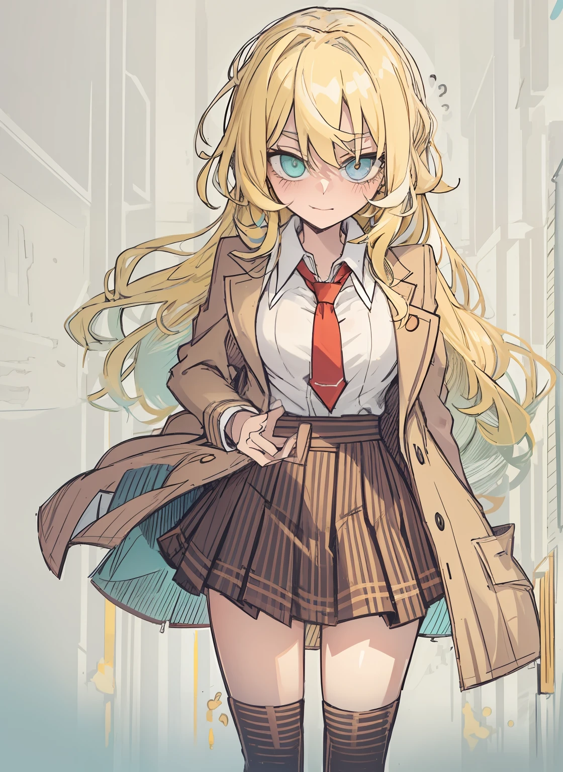 short blonde side-part hair girl ,wearing white chemise and earthy yellow coat, school uniform, wearing red tie, aqua left eye, light blue right eye, heterochromia, short skirt, big breasts